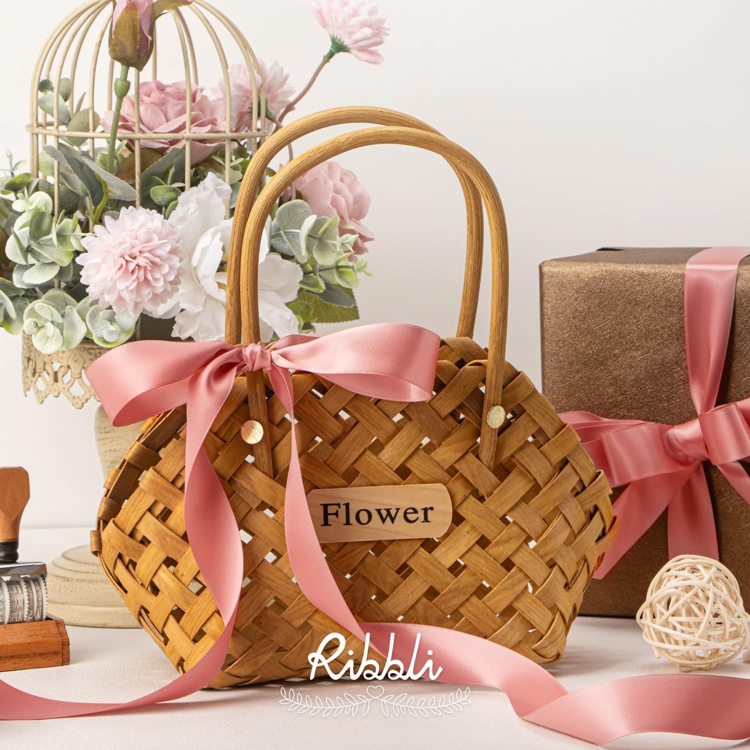 Ribbli Double Faced Rose Gold Satin Ribbon,3/8 x Continuous 25 Yards,Use for Bows Bouquet,Gift Wrapping,Floral Arrangement(Rose Gold)
