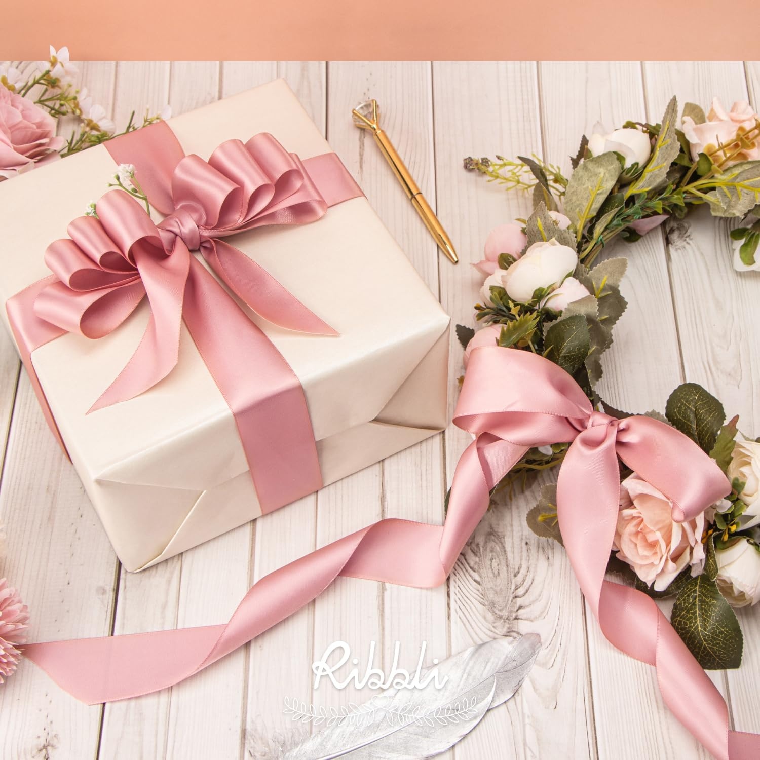 Ribbli Double Faced Rose Gold Satin Ribbon,3/8 x Continuous 25 Yards,Use for Bows Bouquet,Gift Wrapping,Floral Arrangement(Rose Gold)