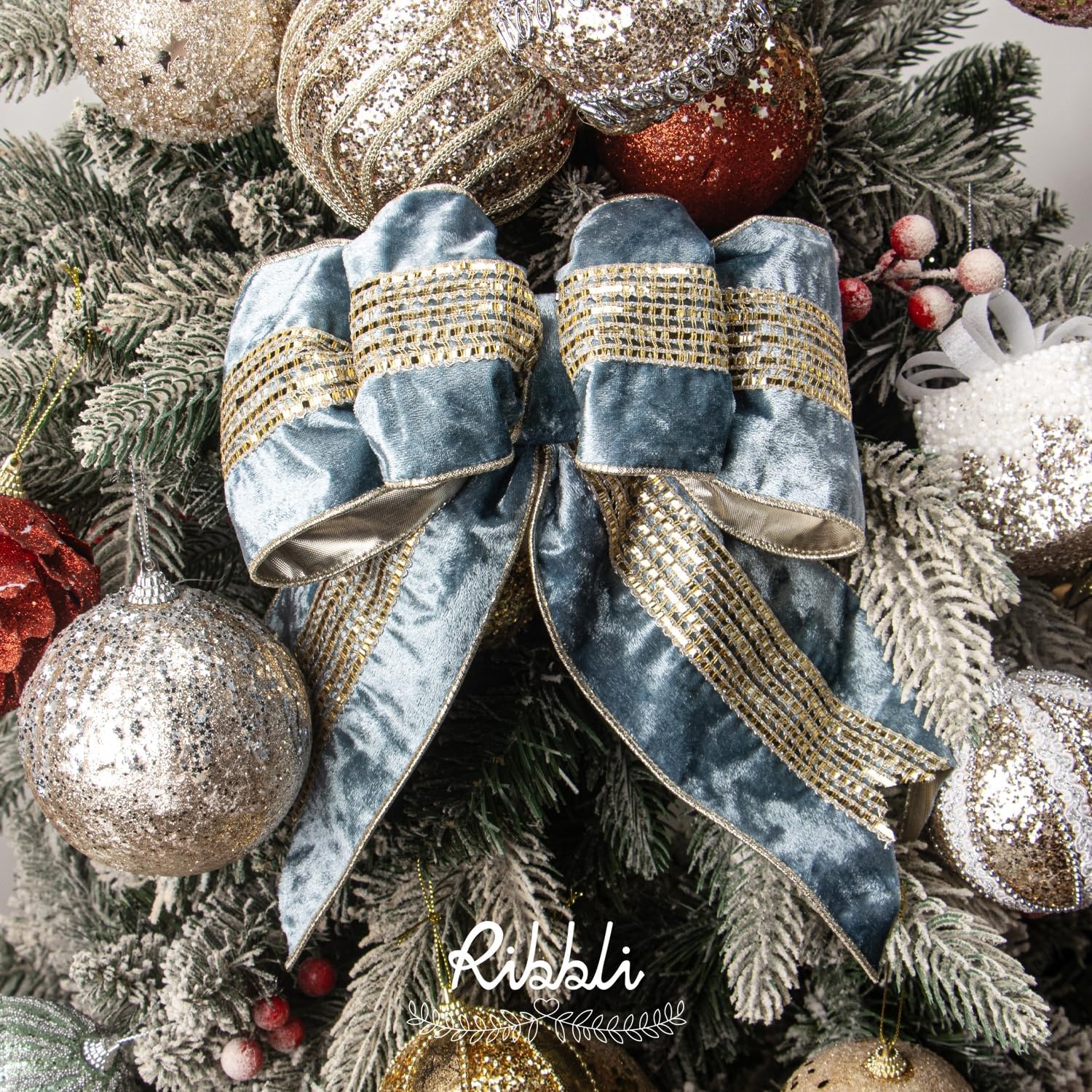 Ribbli Burgundy Velvet Wired Ribbon with Luxurious Glittering Stripe 4 Inch Christmas Ribbon for Tree Gift Wrapping Wreaths Garland Topper Bows Crafts Home Decor -10 Yards(Dusty Blue)