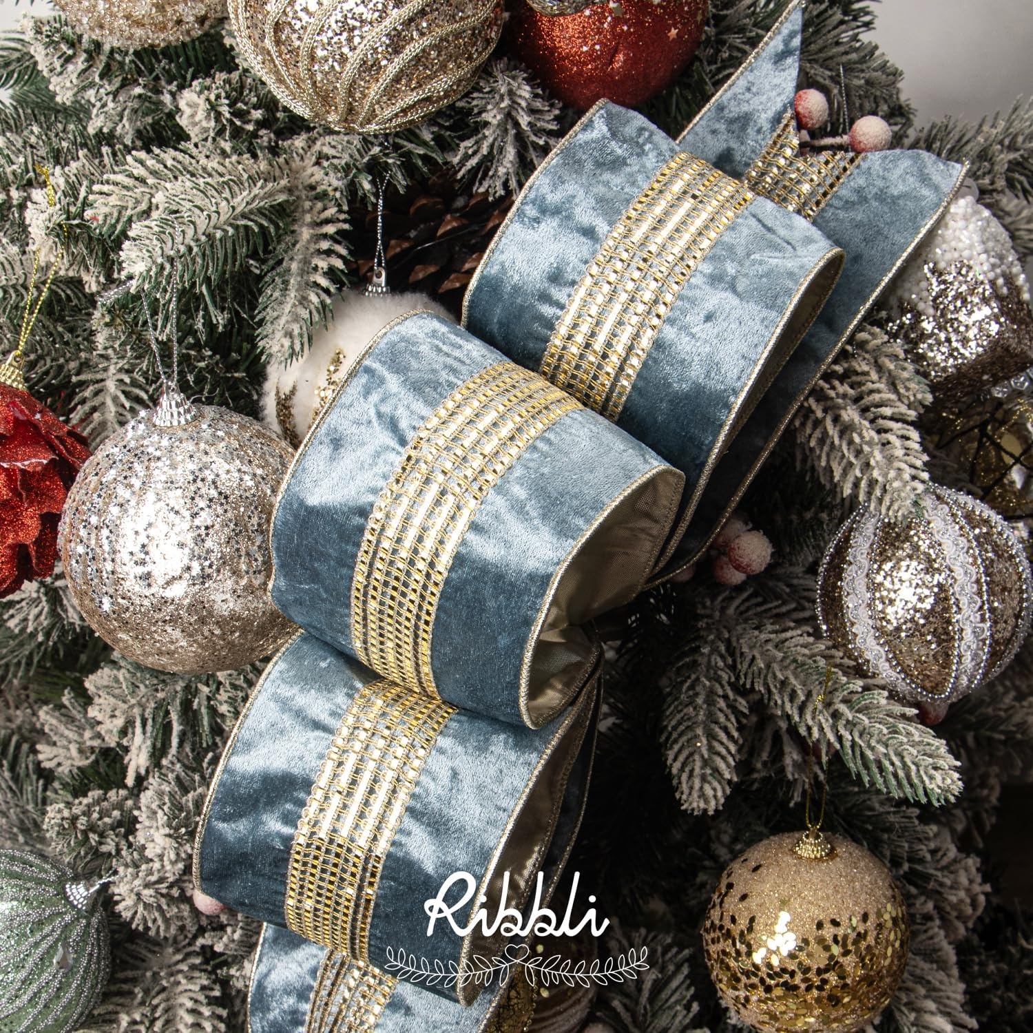 Ribbli Burgundy Velvet Wired Ribbon with Luxurious Glittering Stripe 4 Inch Christmas Ribbon for Tree Gift Wrapping Wreaths Garland Topper Bows Crafts Home Decor -10 Yards(Dusty Blue)