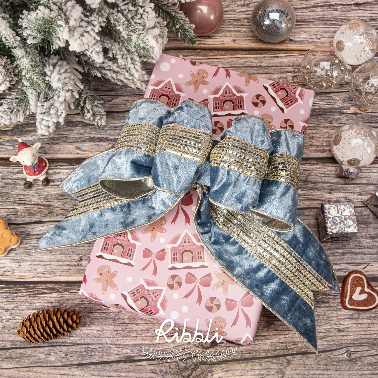 Ribbli Burgundy Velvet Wired Ribbon with Luxurious Glittering Stripe 4 Inch Christmas Ribbon for Tree Gift Wrapping Wreaths Garland Topper Bows Crafts Home Decor -10 Yards(Dusty Blue)