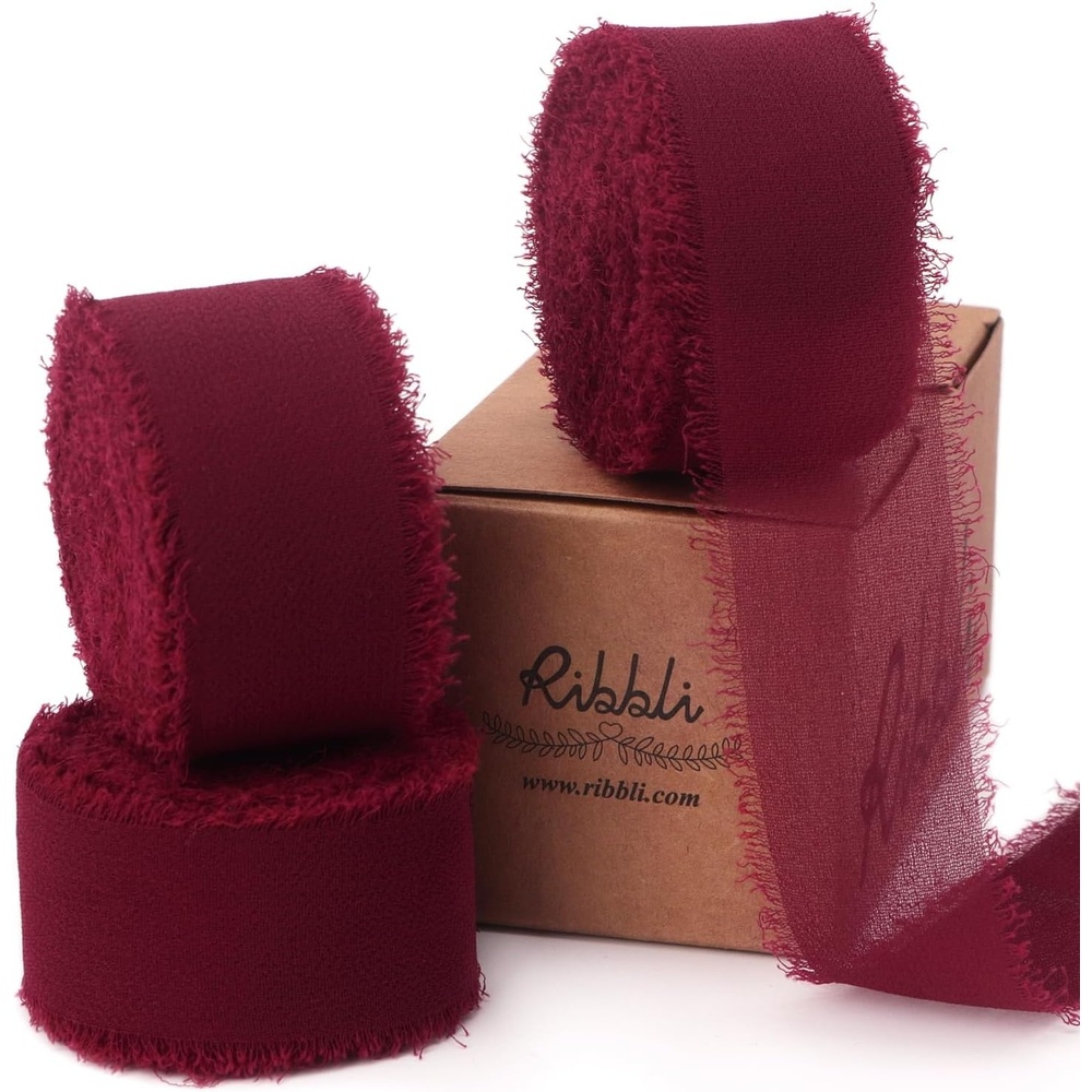 Ribbli Creamy Sage Ribbon 1 Inch x 3 Rolls Total 24 Yards Light Green Handmade Fringe Chiffon Silk Ribbon for Wrapping Wedding Invitations Bridal Bouquets DIY Crafts Home Decor(Burgundy)