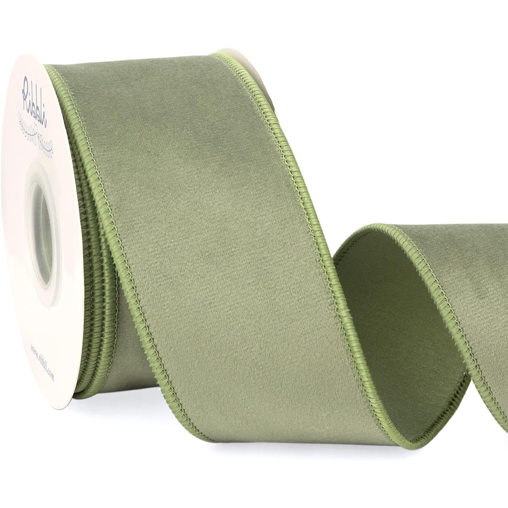 Ribbli Sage Green Velvet Wired Ribbon with Dupioni 4 Inch Christmas Ribbon for Gift Wrapping Christmas Tree Decoration Crafts Wreaths Supplies-Continuous 10 Yards(Sage Green)