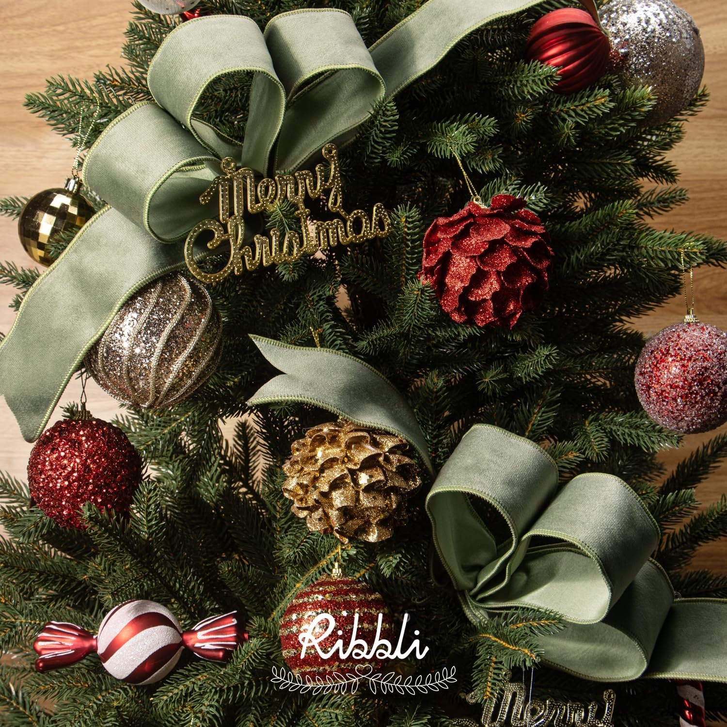 Ribbli Sage Green Velvet Wired Ribbon with Dupioni 4 Inch Christmas Ribbon for Gift Wrapping Christmas Tree Decoration Crafts Wreaths Supplies-Continuous 10 Yards(Sage Green)
