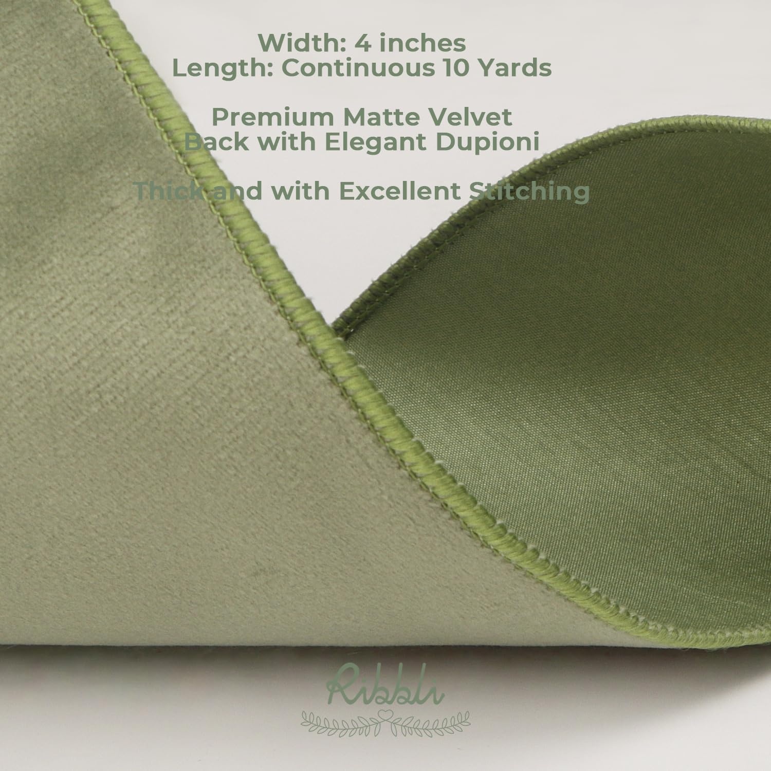 Ribbli Sage Green Velvet Wired Ribbon with Dupioni 4 Inch Christmas Ribbon for Gift Wrapping Christmas Tree Decoration Crafts Wreaths Supplies-Continuous 10 Yards(Sage Green)
