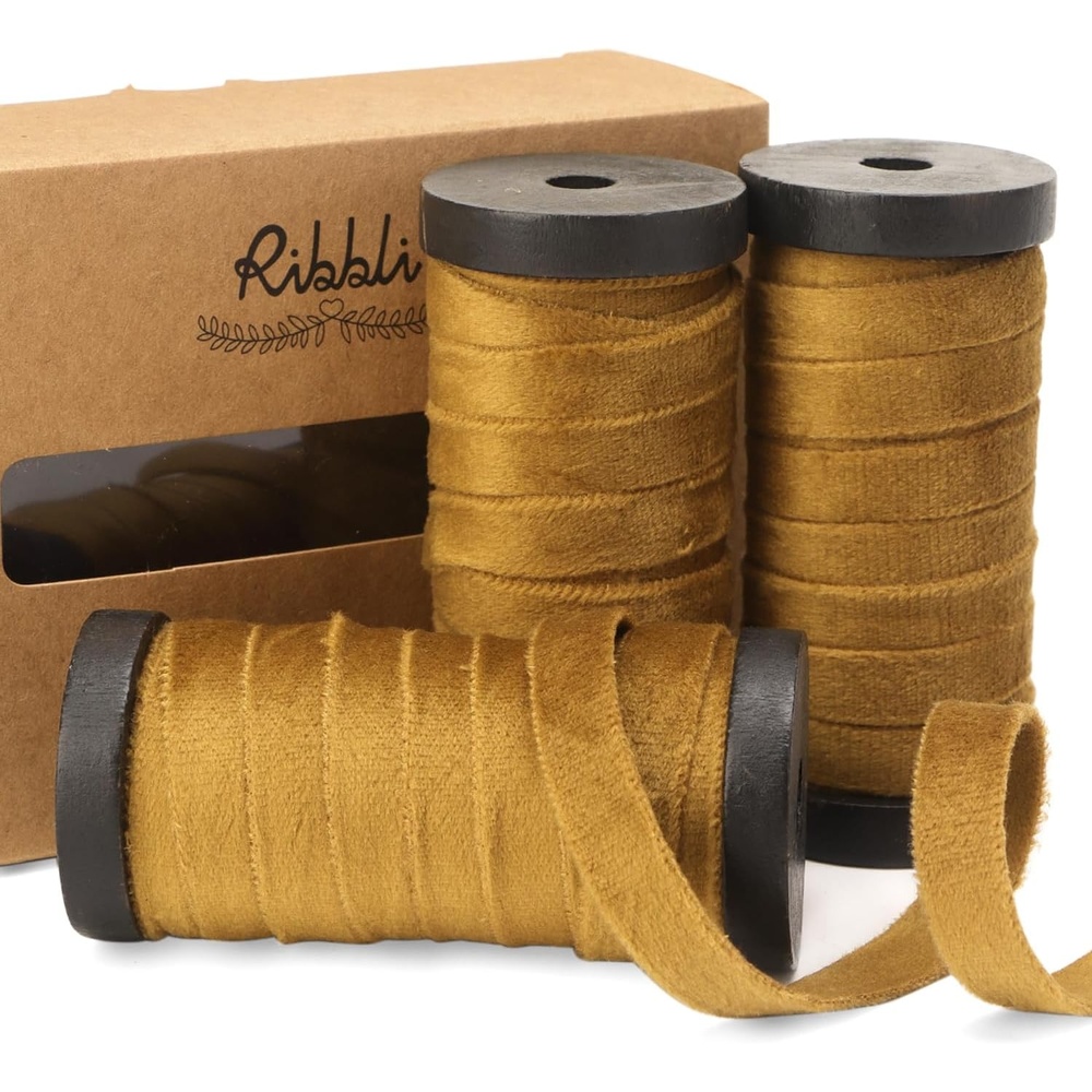 Ribbli Antique Gold Velvet Ribbon 3 Rolls Double Faced 3/8 Inch 18-Yard with Wooden Spool Use for Christmas Tree Ornaments Gift Wrapping Wreath Decoration Wedding Boutonnieres(Antique Gold)