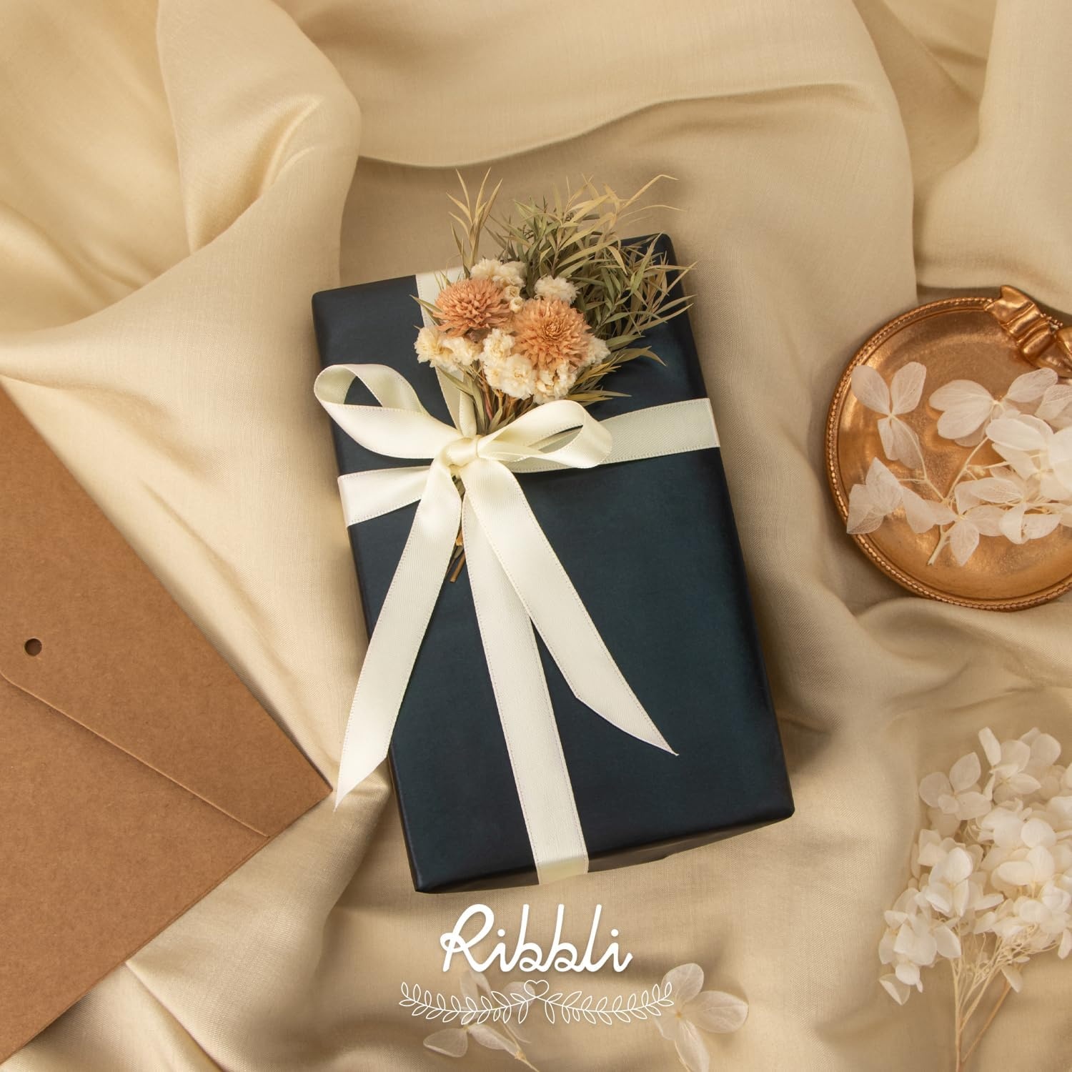 Ribbli Dusty Blue Satin Ribbon Double Faced Satin 1-1/2 Inch x Continuous 50 Yards-Blue Ribbon for Gift Wrapping Crafts Wedding Decoration Bows Bouquet Floral Arrangement(Ivory)