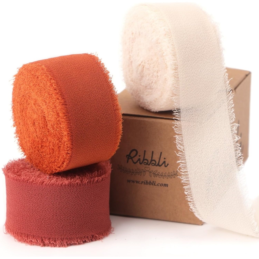 Ribbli Creamy Sage Ribbon 1 Inch x 3 Rolls Total 24 Yards Light Green Handmade Fringe Chiffon Silk Ribbon for Wrapping Wedding Invitations Bridal Bouquets DIY Crafts Home Decor(Champagne/Terracotta/Rust Red)