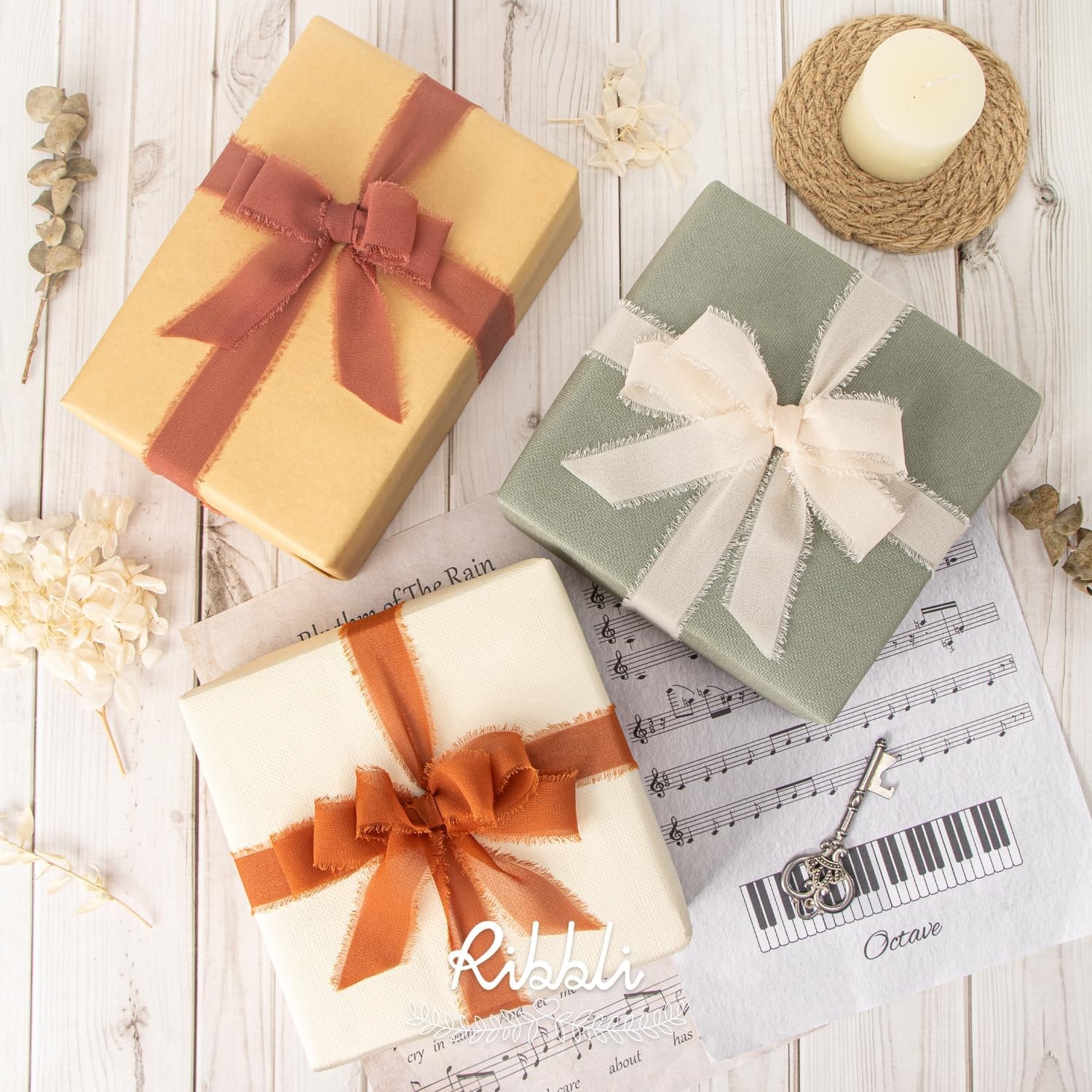 Ribbli Creamy Sage Ribbon 1 Inch x 3 Rolls Total 24 Yards Light Green Handmade Fringe Chiffon Silk Ribbon for Wrapping Wedding Invitations Bridal Bouquets DIY Crafts Home Decor(Champagne/Terracotta/Rust Red)