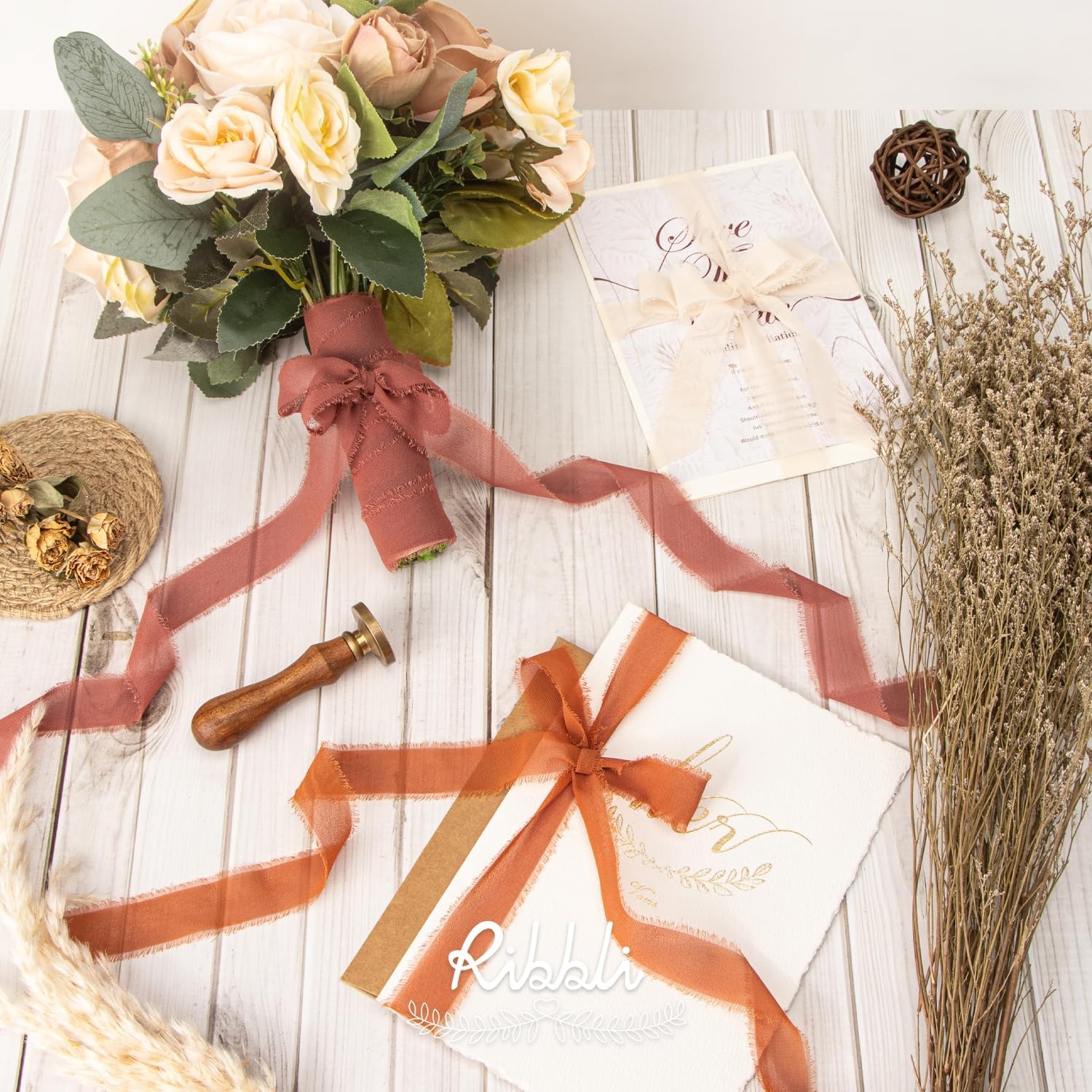 Ribbli Creamy Sage Ribbon 1 Inch x 3 Rolls Total 24 Yards Light Green Handmade Fringe Chiffon Silk Ribbon for Wrapping Wedding Invitations Bridal Bouquets DIY Crafts Home Decor(Champagne/Terracotta/Rust Red)