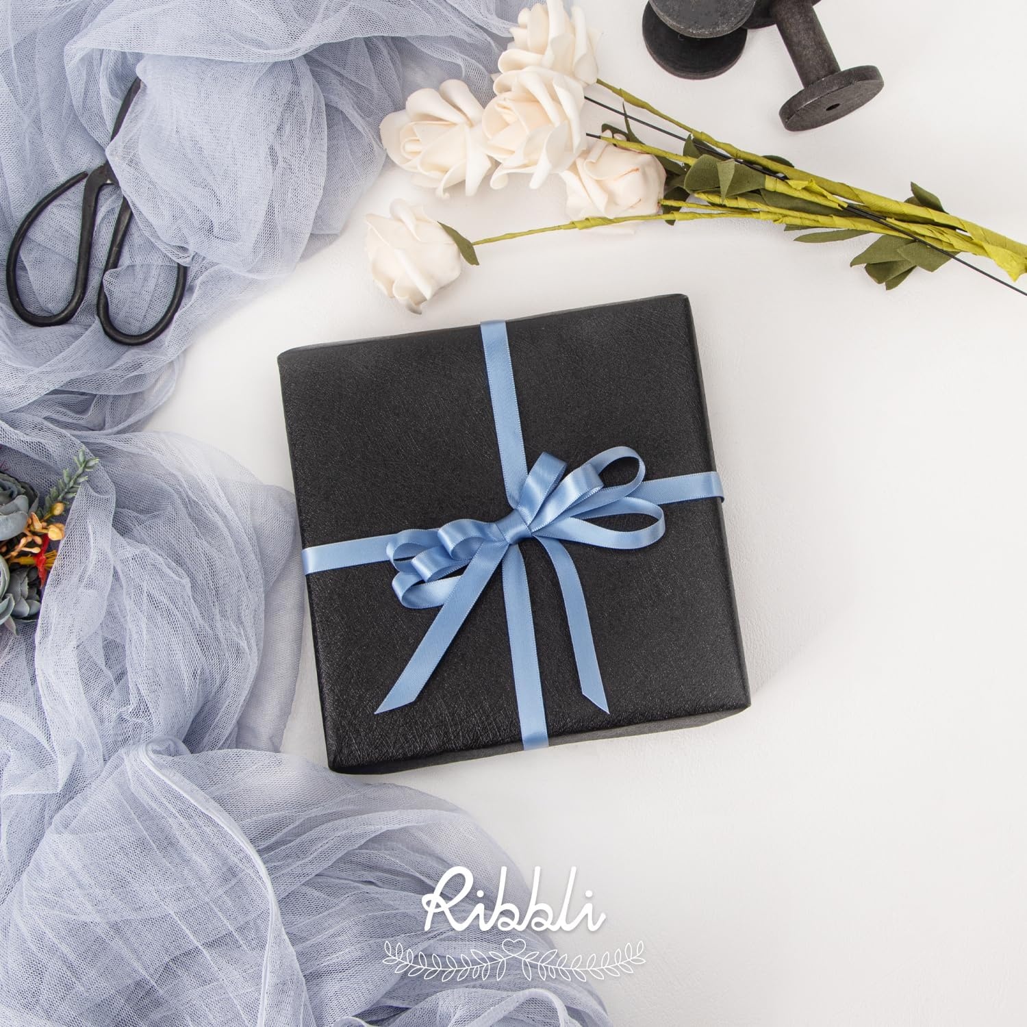 Ribbli Champagne Gold Satin Ribbon Double Faced Satin 3/8 Inch x Continuous 50 Yards-Champagne Ribbon for Gift Wrapping Crafts Wedding Decoration Bows Bouquet Floral Arrangement(Blue Dusty)