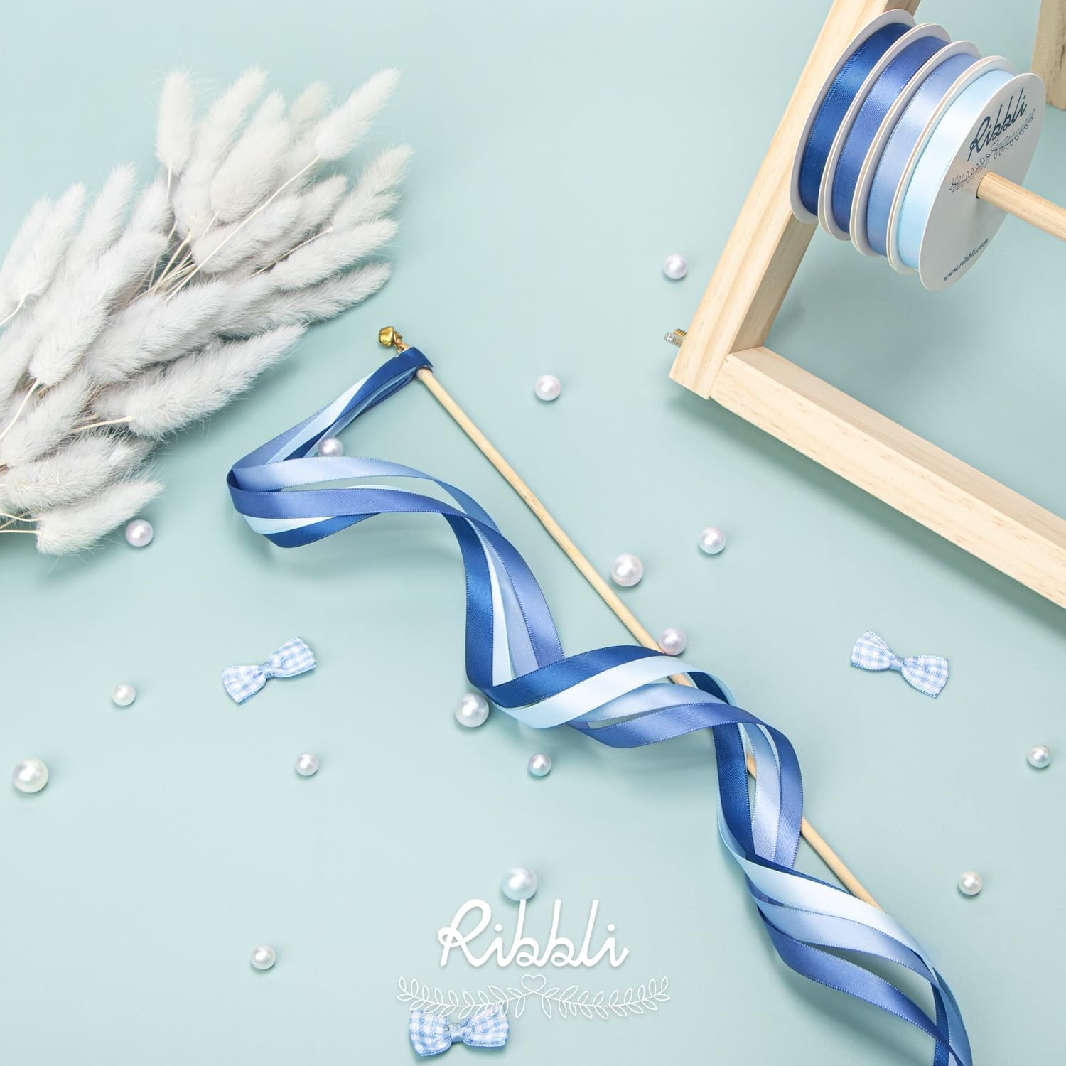Ribbli Champagne Gold Satin Ribbon Double Faced Satin 3/8 Inch x Continuous 50 Yards-Champagne Ribbon for Gift Wrapping Crafts Wedding Decoration Bows Bouquet Floral Arrangement(Blue Dusty)