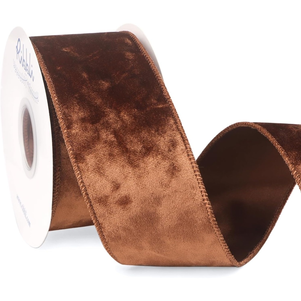 Ribbli Royal Blue Velvet Wired Ribbon 4 Inch Crushed Velvet Christmas Ribbon for Gift Wrapping Christmas Tree Decoration Crafts Wreaths Supplies-Continuous 10 Yards(Copper Brown)