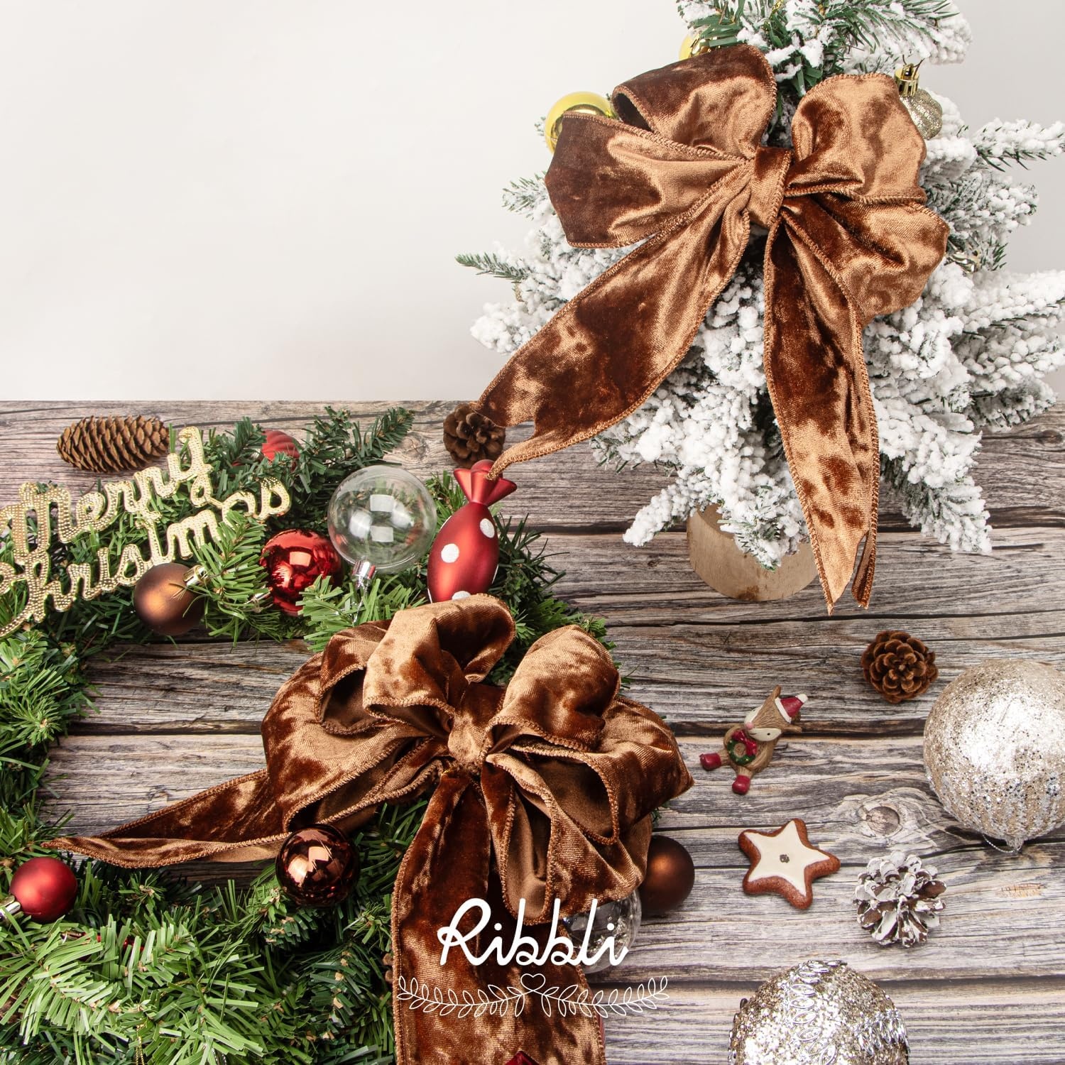 Ribbli Royal Blue Velvet Wired Ribbon 4 Inch Crushed Velvet Christmas Ribbon for Gift Wrapping Christmas Tree Decoration Crafts Wreaths Supplies-Continuous 10 Yards(Copper Brown)