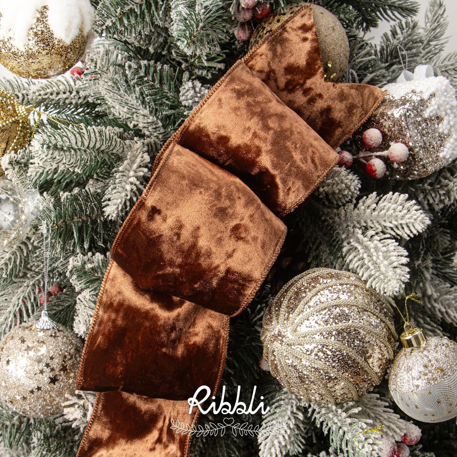 Ribbli Royal Blue Velvet Wired Ribbon 4 Inch Crushed Velvet Christmas Ribbon for Gift Wrapping Christmas Tree Decoration Crafts Wreaths Supplies-Continuous 10 Yards(Copper Brown)