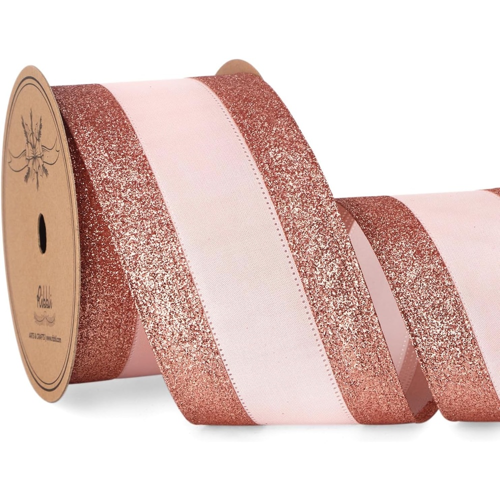 Ribbli Champagne Wired Ribbon Ivory Satin with Champagne Glitter Edge 2.5 Inch Christmas Ribbon for Tree Gift Wrapping Wreaths Garland Topper Bows Crafts Home Decor -10 Yards(Rose Gold)