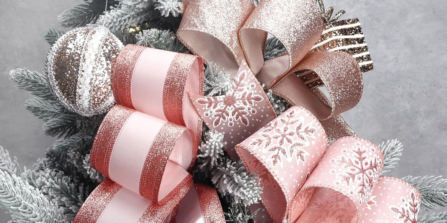 Ribbli Champagne Wired Ribbon Ivory Satin with Champagne Glitter Edge 2.5 Inch Christmas Ribbon for Tree Gift Wrapping Wreaths Garland Topper Bows Crafts Home Decor -10 Yards(Rose Gold)