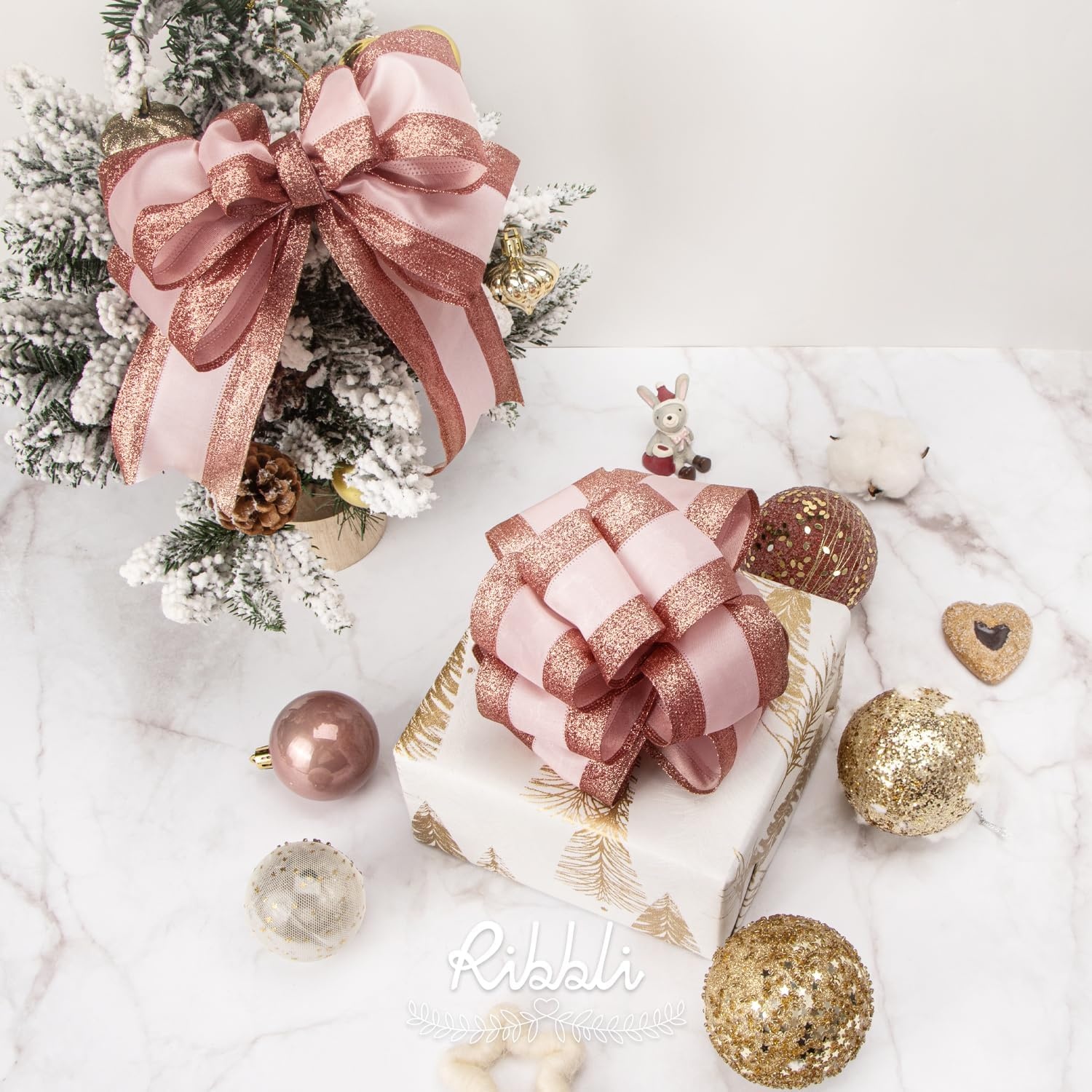 Ribbli Champagne Wired Ribbon Ivory Satin with Champagne Glitter Edge 2.5 Inch Christmas Ribbon for Tree Gift Wrapping Wreaths Garland Topper Bows Crafts Home Decor -10 Yards(Rose Gold)