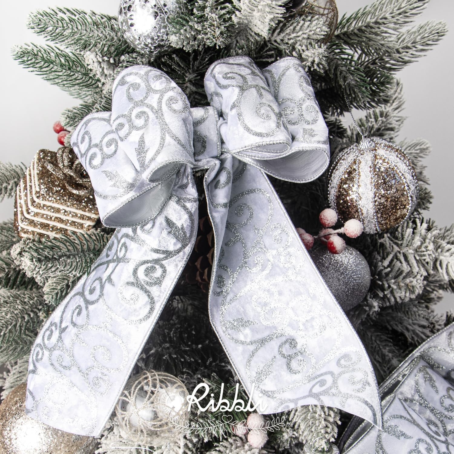 Ribbli Sage Green Velvet Ribbon Wired with Glitter Swirl 4 Inch Christmas Ribbon for Christmas Tree Decoration Big Bow Gift Wrapping Crafts Wreaths Supplies – 10 Yards(White)