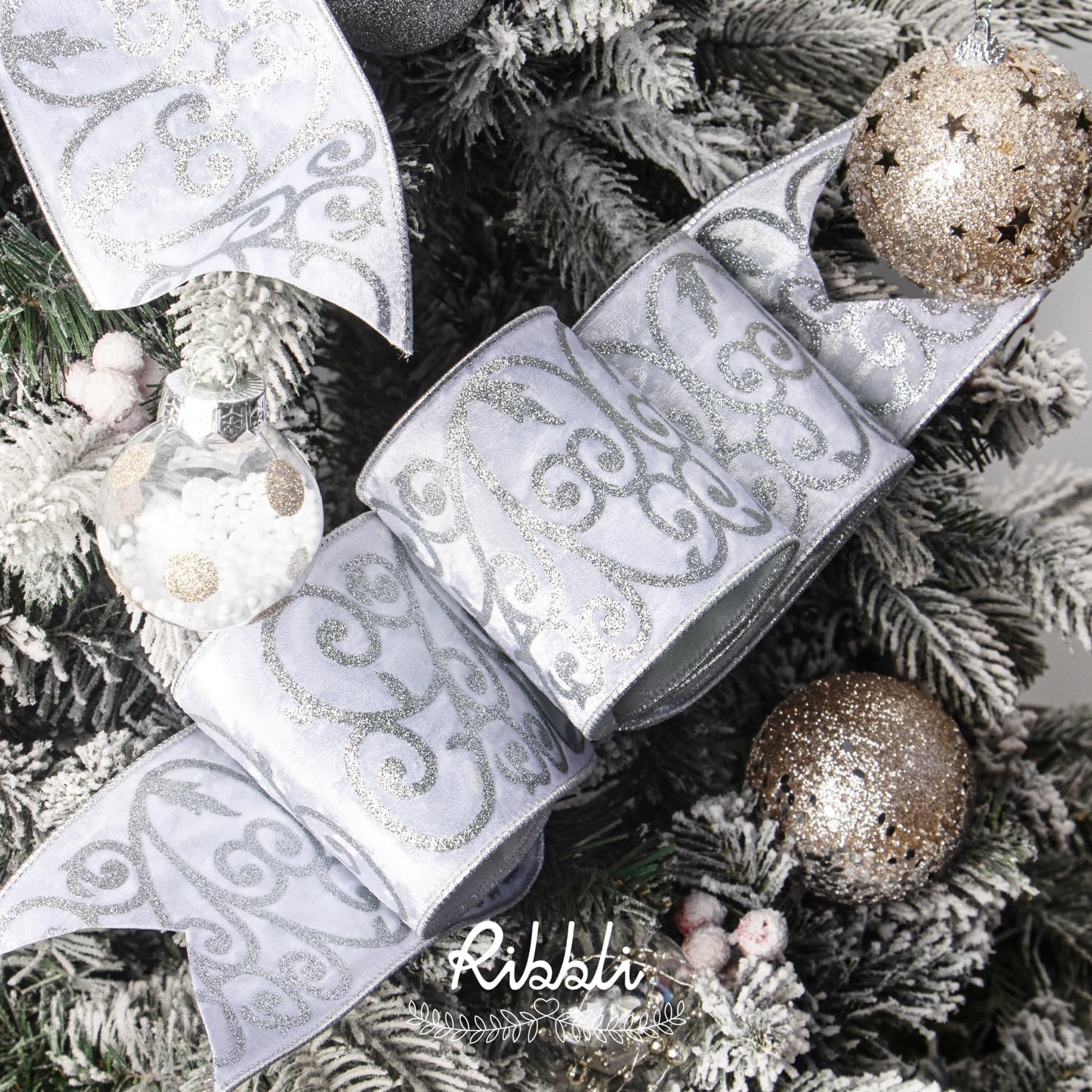 Ribbli Sage Green Velvet Ribbon Wired with Glitter Swirl 4 Inch Christmas Ribbon for Christmas Tree Decoration Big Bow Gift Wrapping Crafts Wreaths Supplies – 10 Yards(White)