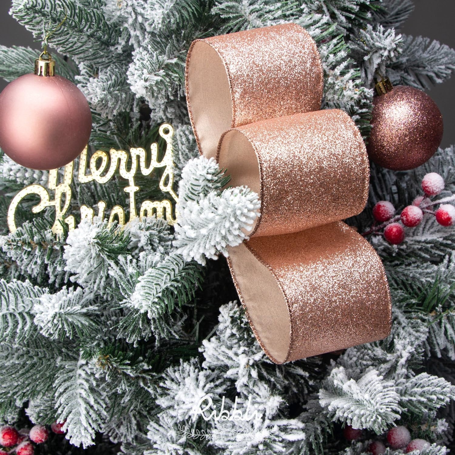 Ribbli Turquoise Blue Glitter Wired Ribbon,Turquoise with Metallic Edge,Christmas Ribbon for Wreath, Christmas Tree Decoration, Gift Wrapping,Home Decor, 2-1/2 Inch x 10 Yards(Rose Gold)