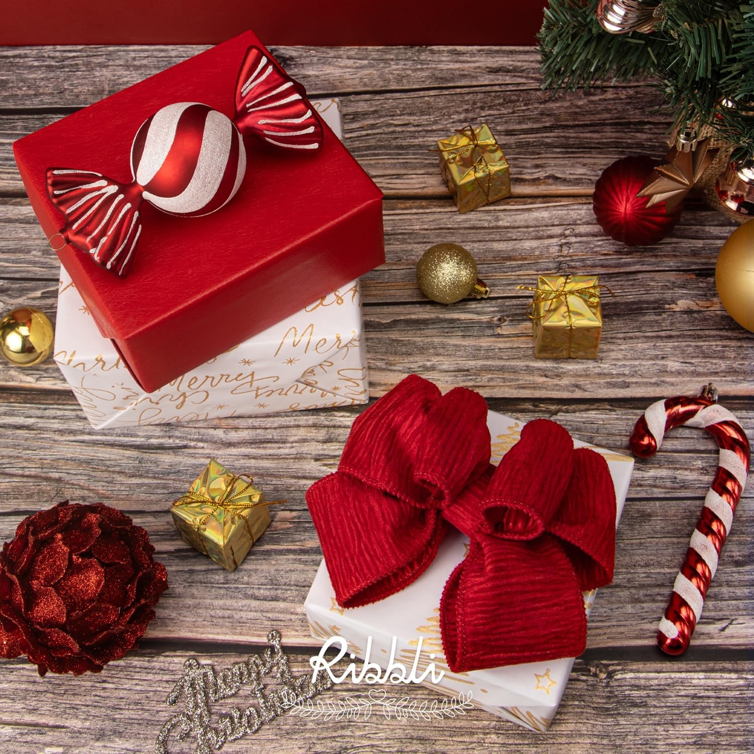 Ribbli Dark Green Crinkled Velvet Wired Ribbon 2.5 Inch Velvet Christmas Ribbon for Gift Wrapping Christmas Tree Decoration Crafts Wreaths Supplies-Continuous 10 Yards(Red)