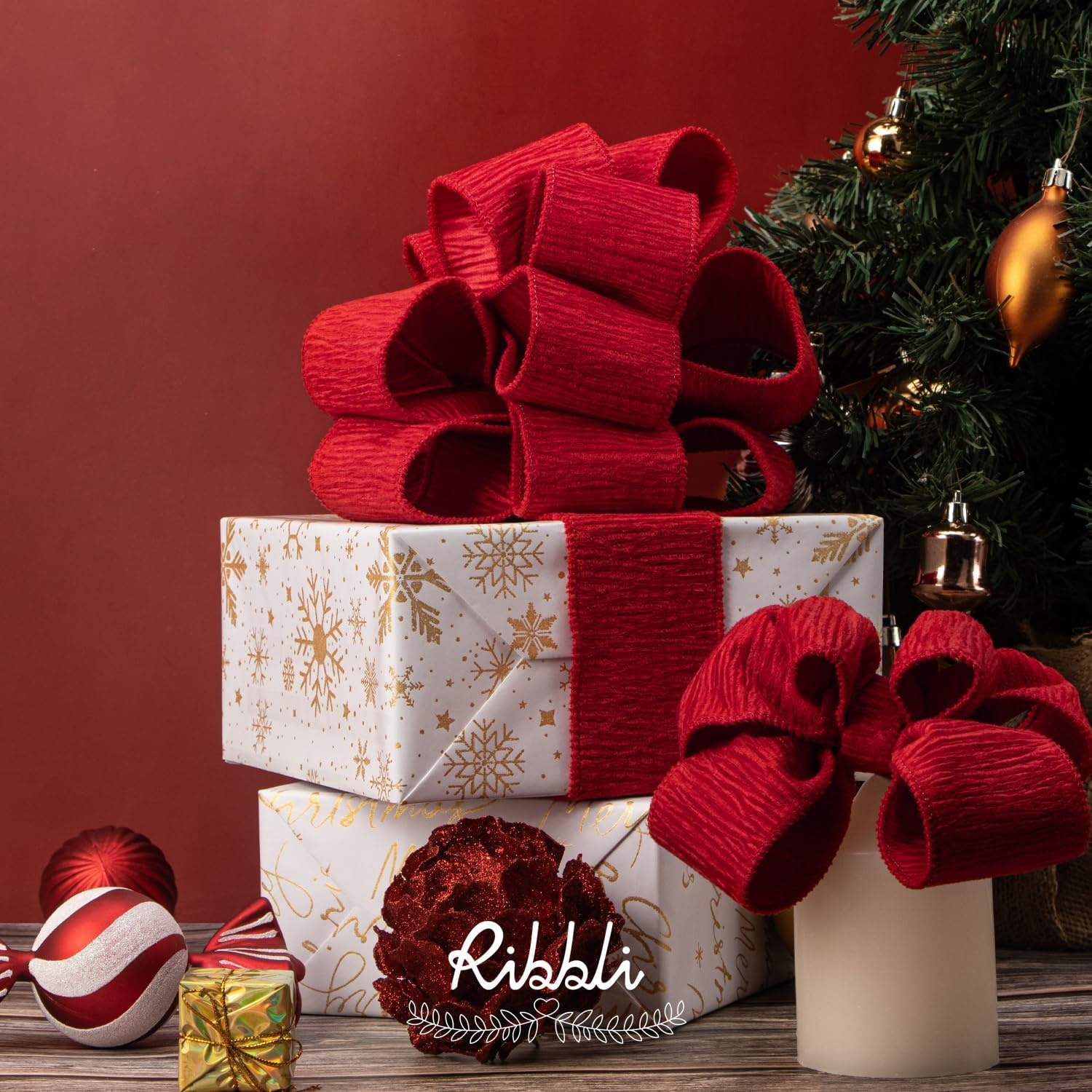 Ribbli Dark Green Crinkled Velvet Wired Ribbon 2.5 Inch Velvet Christmas Ribbon for Gift Wrapping Christmas Tree Decoration Crafts Wreaths Supplies-Continuous 10 Yards(Red)