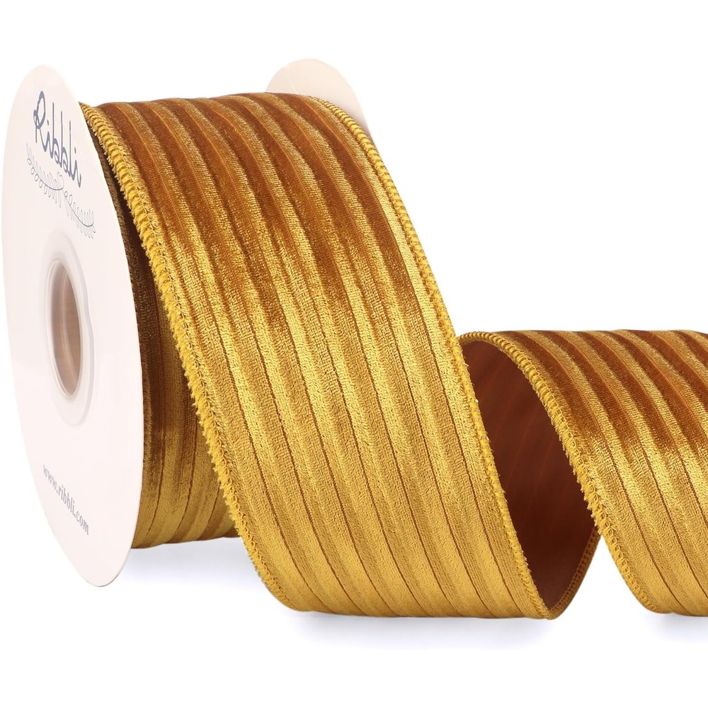 Ribbli Glossy Dusty Green Velvet Wired Ribbon 2.5 Inch Striped Velvet Christmas Ribbon for Gift Wrapping Christmas Tree Decoration Crafts Wreaths Supplies-Continuous 10 Yards(Gold)