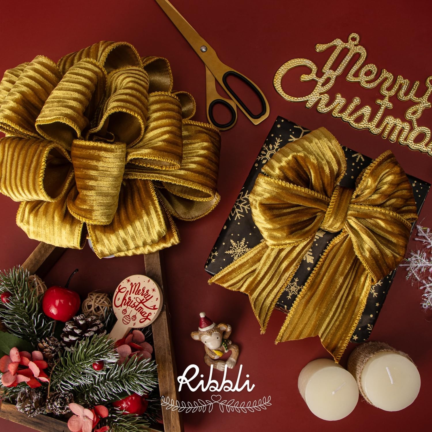 Ribbli Glossy Dusty Green Velvet Wired Ribbon 2.5 Inch Striped Velvet Christmas Ribbon for Gift Wrapping Christmas Tree Decoration Crafts Wreaths Supplies-Continuous 10 Yards(Gold)