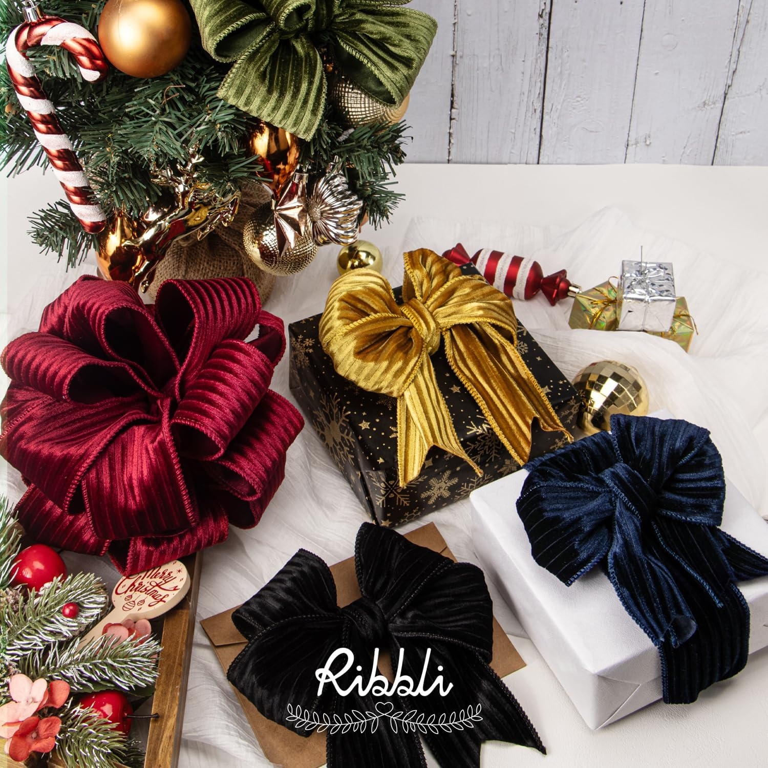 Ribbli Glossy Dusty Green Velvet Wired Ribbon 2.5 Inch Striped Velvet Christmas Ribbon for Gift Wrapping Christmas Tree Decoration Crafts Wreaths Supplies-Continuous 10 Yards(Gold)