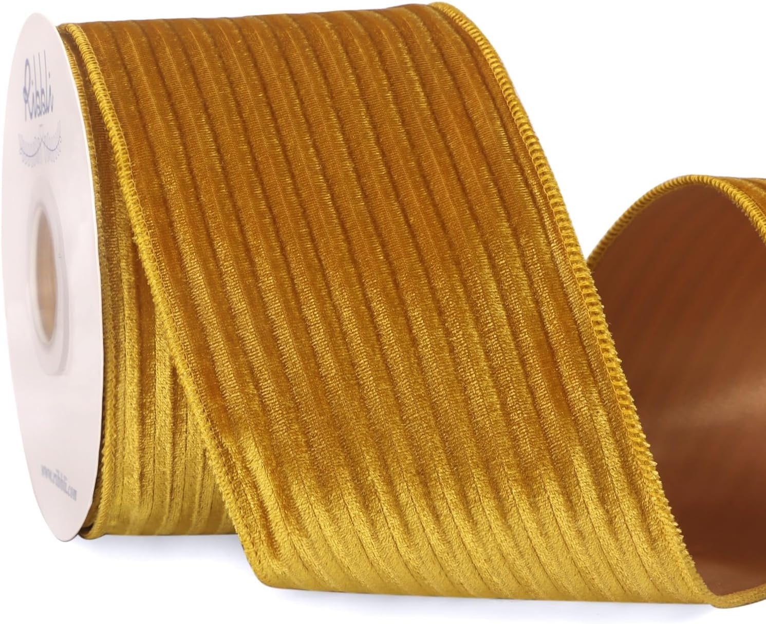 Ribbli Glossy Dusty Green Velvet Wired Ribbon 2.5 Inch Striped Velvet Christmas Ribbon for Gift Wrapping Christmas Tree Decoration Crafts Wreaths Supplies-Continuous 10 Yards(Gold)