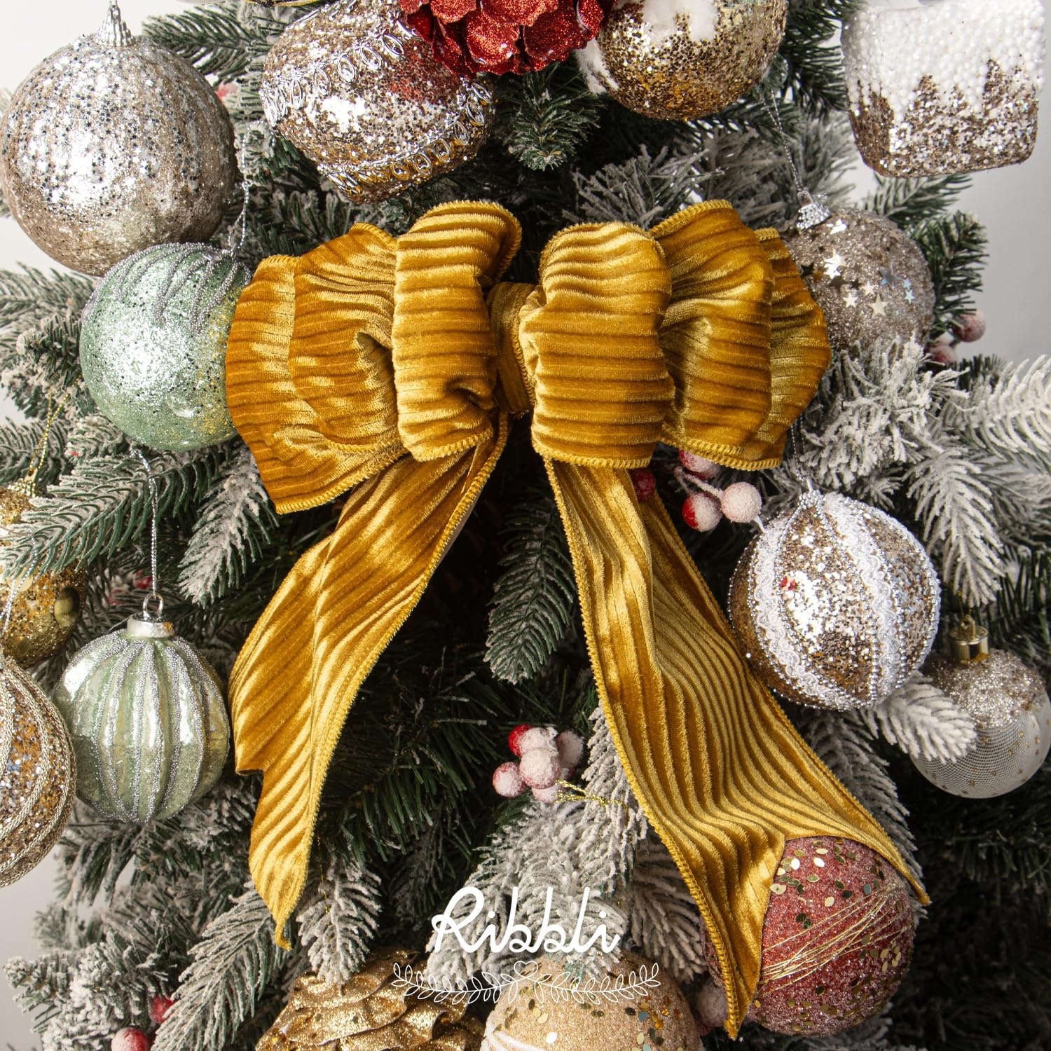 Ribbli Glossy Dusty Green Velvet Wired Ribbon 2.5 Inch Striped Velvet Christmas Ribbon for Gift Wrapping Christmas Tree Decoration Crafts Wreaths Supplies-Continuous 10 Yards(Gold)