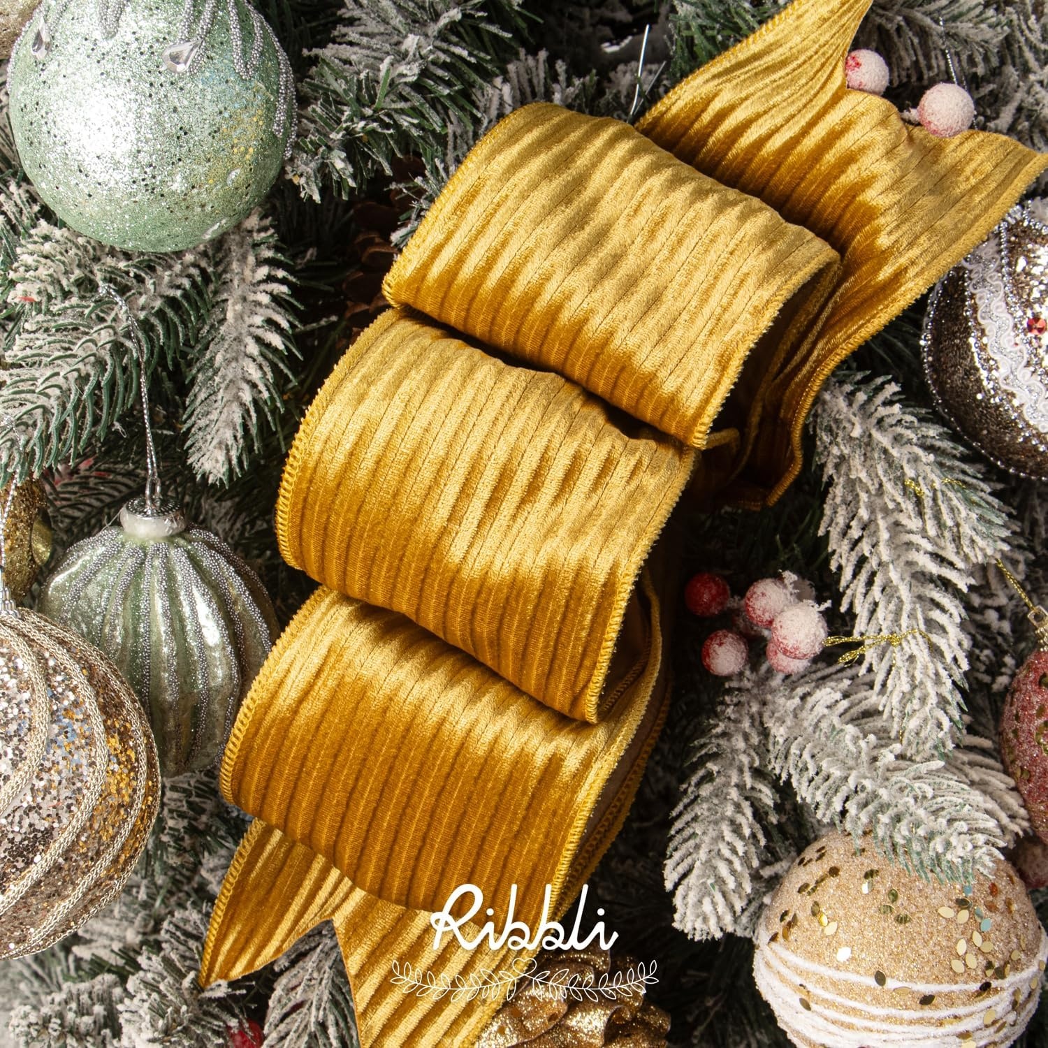 Ribbli Glossy Dusty Green Velvet Wired Ribbon 2.5 Inch Striped Velvet Christmas Ribbon for Gift Wrapping Christmas Tree Decoration Crafts Wreaths Supplies-Continuous 10 Yards(Gold)