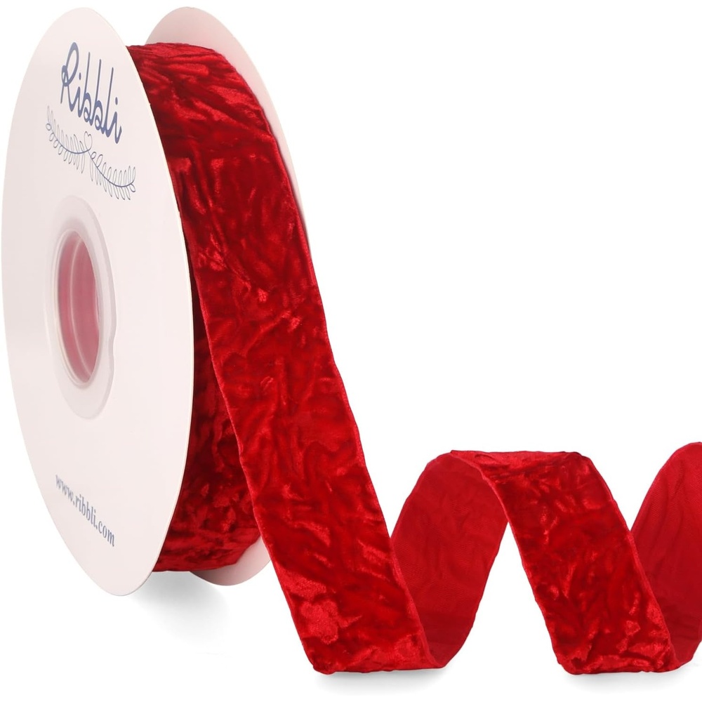 Ribbli Dusty Blue Velvet Ribbon 1 Inches Luxury Crinkled Blue Christmas Ribbon for Gift Wrapping Crafts Home Decor-Continuous 10 Yard(Red)