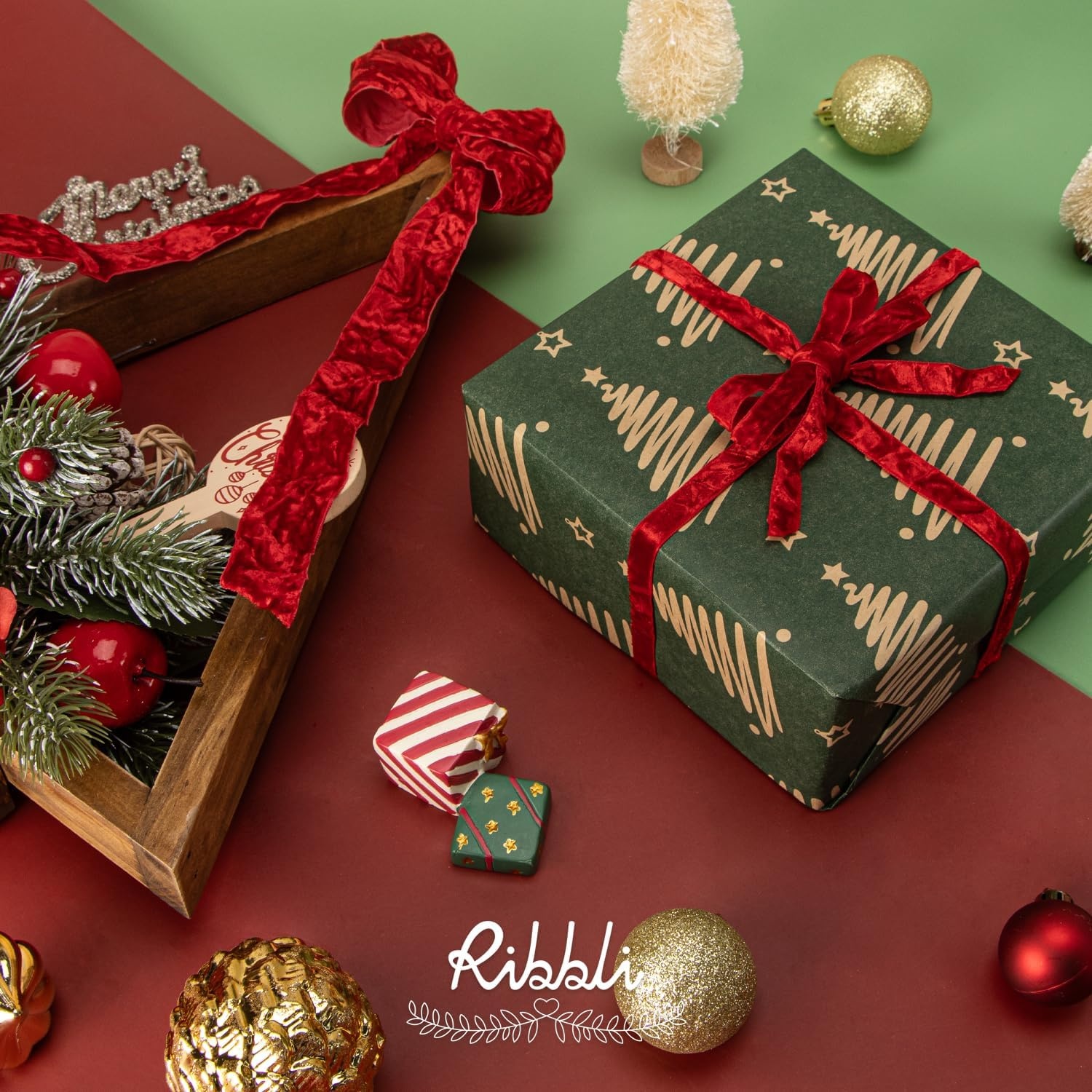 Ribbli Dusty Blue Velvet Ribbon 1 Inches Luxury Crinkled Blue Christmas Ribbon for Gift Wrapping Crafts Home Decor-Continuous 10 Yard(Red)
