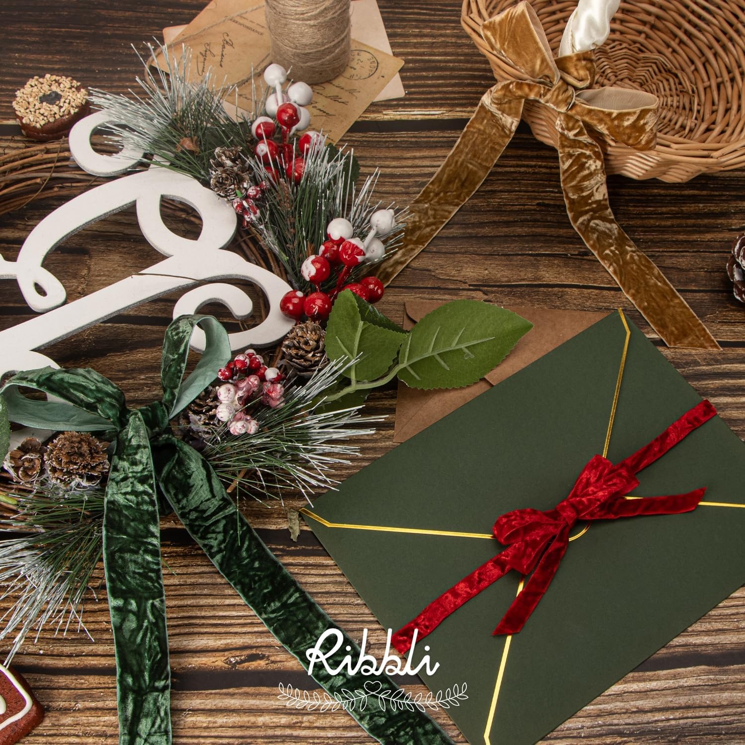 Ribbli Dusty Blue Velvet Ribbon 1 Inches Luxury Crinkled Blue Christmas Ribbon for Gift Wrapping Crafts Home Decor-Continuous 10 Yard(Red)
