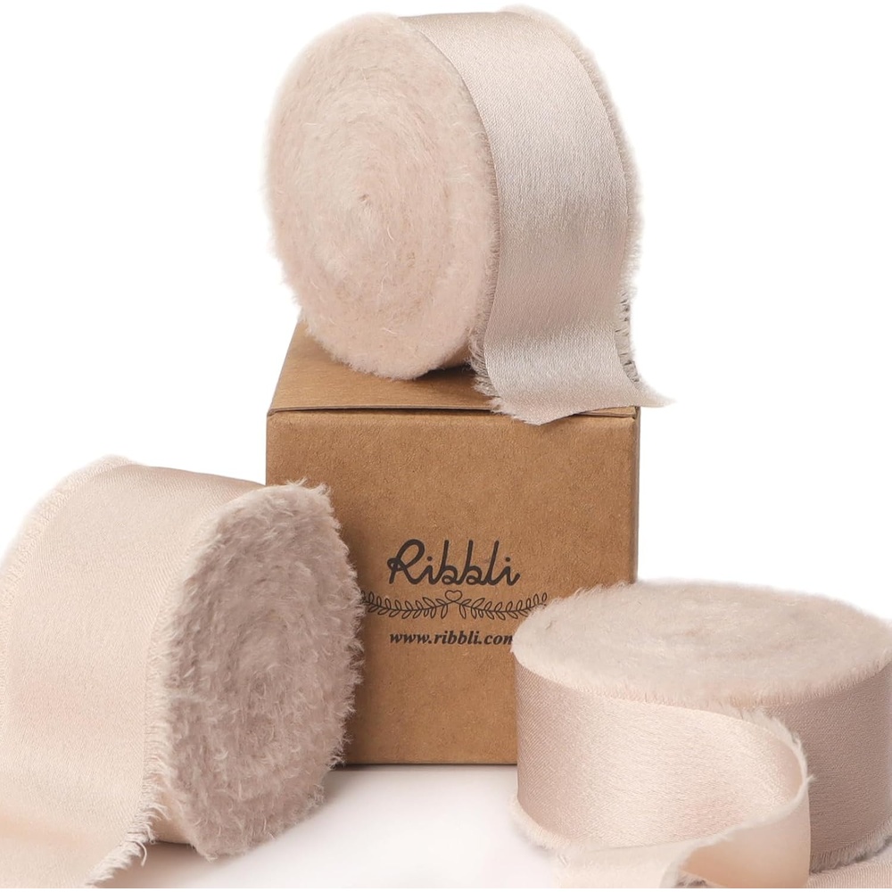 Ribbli Terracotta Silk Satin Ribbon 1.5 Inch x 30 Yard Handmade Frayed Chiffon Burnt Orange Ribbon for Gift Wrapping Wedding Invitations Bridal Bouquets Home Decor(Lt.Champagne)