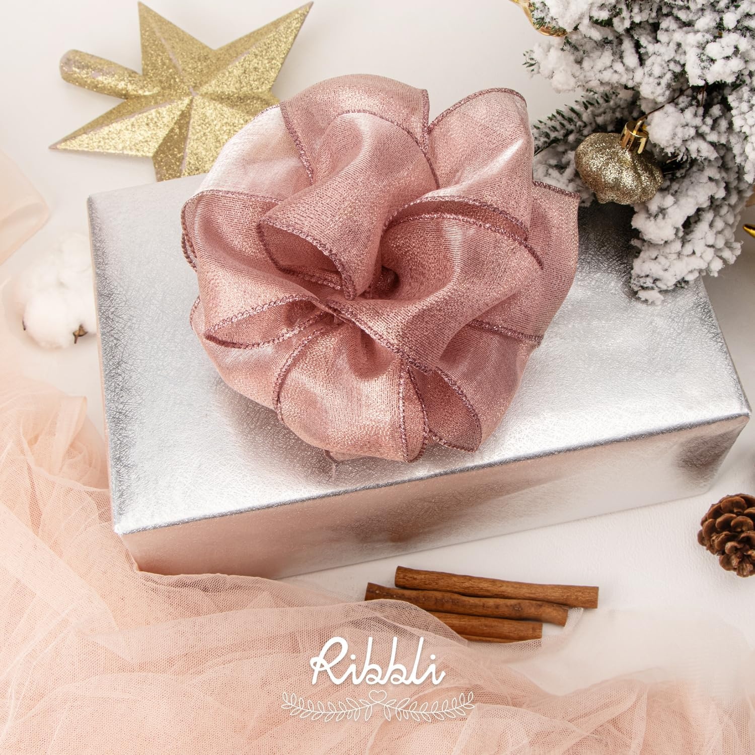 Ribbli Metallic Emerlad Green Wired Ribbon,2-1/2 Inch x Continuous 10 Yard, Deluxe Green Glitter,Christmas Ribbon for Crafts,Wreaths,Big Bow,Gift Wrapping, Christmas Tree Decoration(Rose Gold)