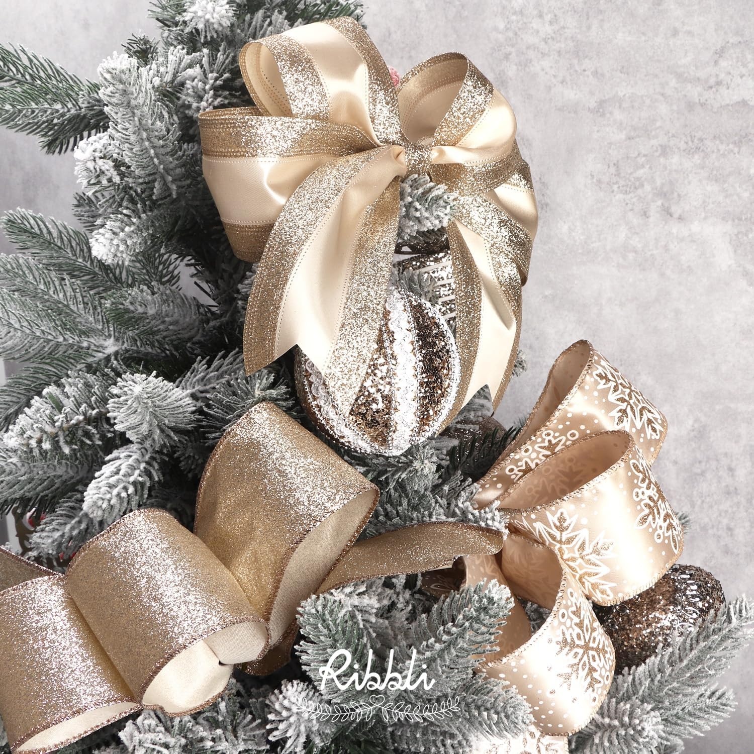 Ribbli Champagne Wired Ribbon Ivory Satin with Champagne Glitter Edge 2.5 Inch Christmas Ribbon for Tree Gift Wrapping Wreaths Garland Topper Bows Crafts Home Decor -10 Yards(Champagne Gold)
