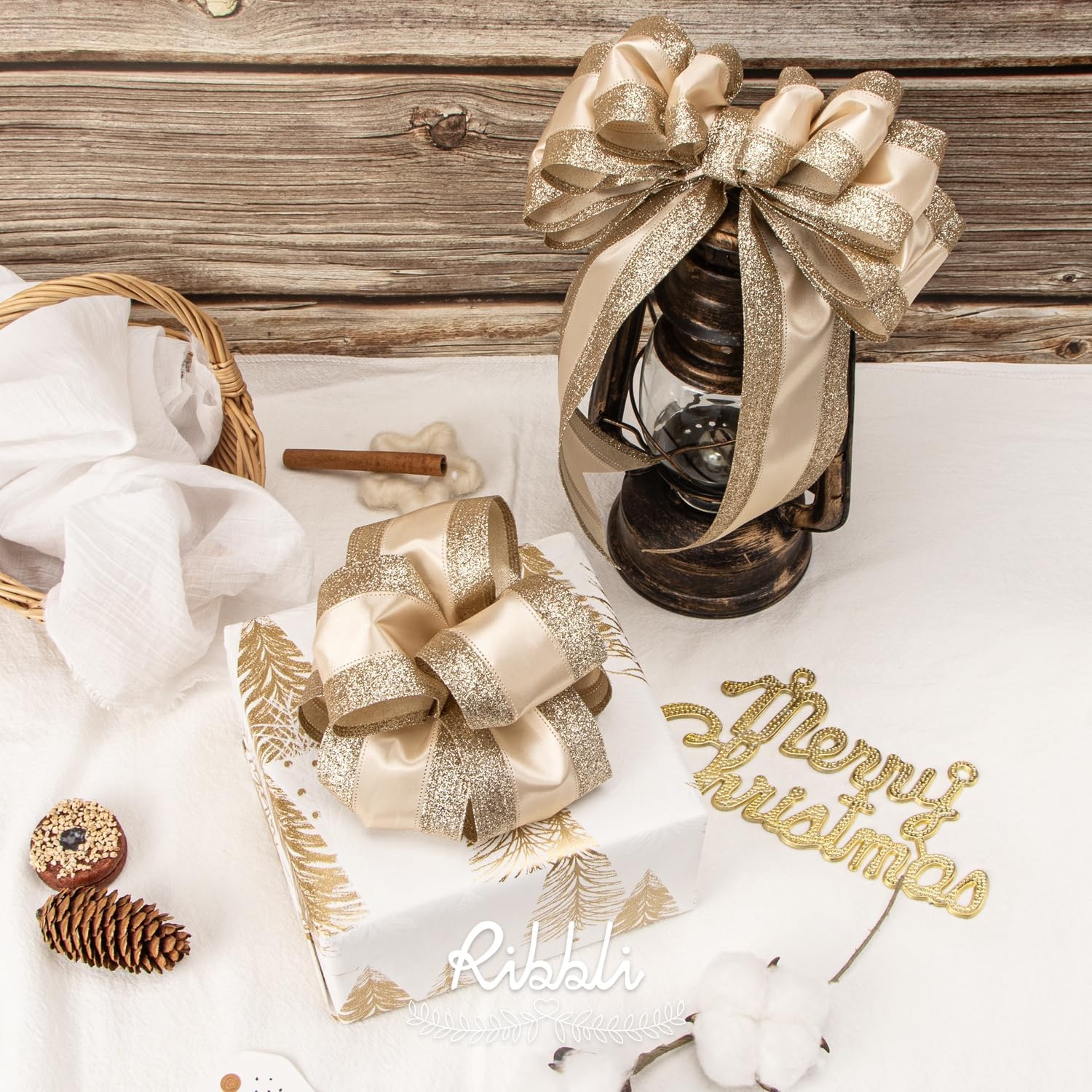 Ribbli Champagne Wired Ribbon Ivory Satin with Champagne Glitter Edge 2.5 Inch Christmas Ribbon for Tree Gift Wrapping Wreaths Garland Topper Bows Crafts Home Decor -10 Yards(Champagne Gold)