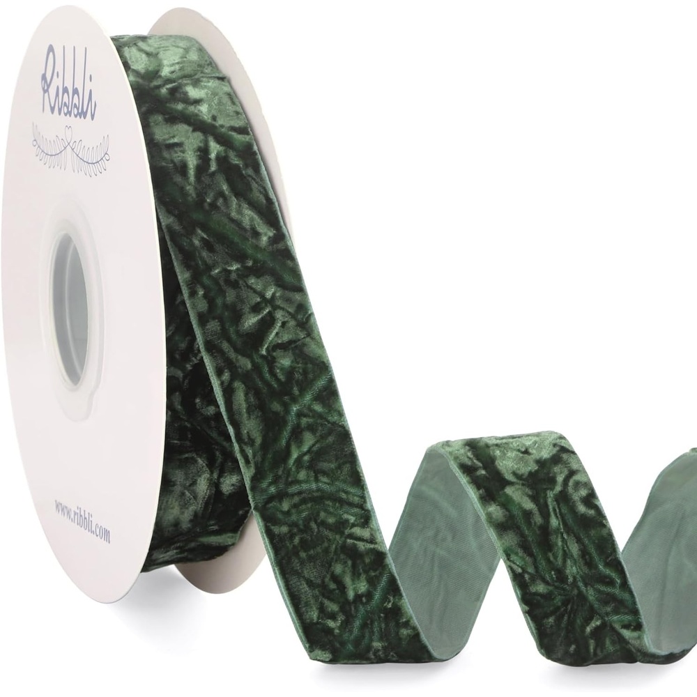 Ribbli Dusty Blue Velvet Ribbon 1 Inches Luxury Crinkled Blue Christmas Ribbon for Gift Wrapping Crafts Home Decor-Continuous 10 Yard(Forest Green)