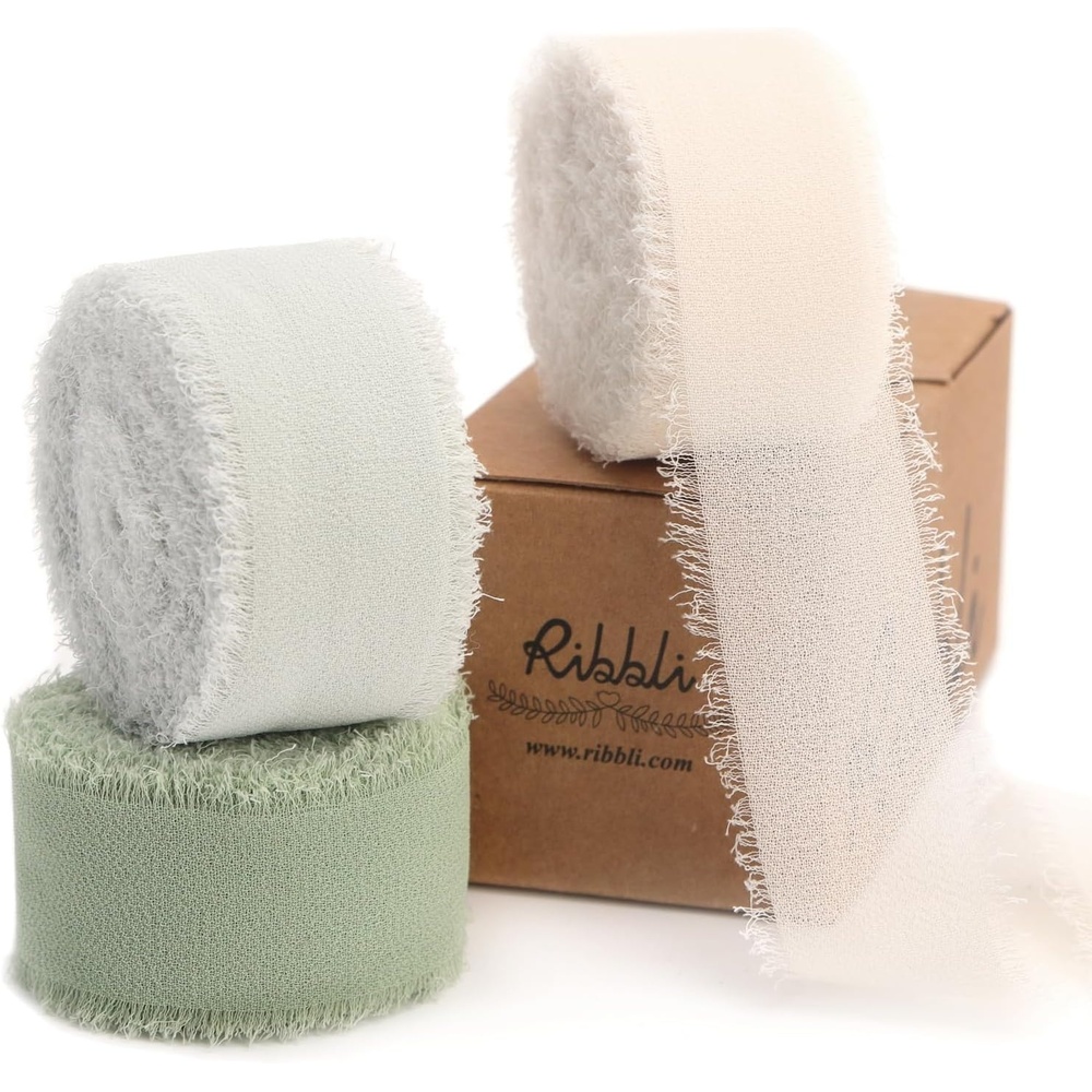 Ribbli Creamy Sage Ribbon 1 Inch x 3 Rolls Total 24 Yards Light Green Handmade Fringe Chiffon Silk Ribbon for Wrapping Wedding Invitations Bridal Bouquets DIY Crafts Home Decor(Cream/Creamy Sage/Sage)