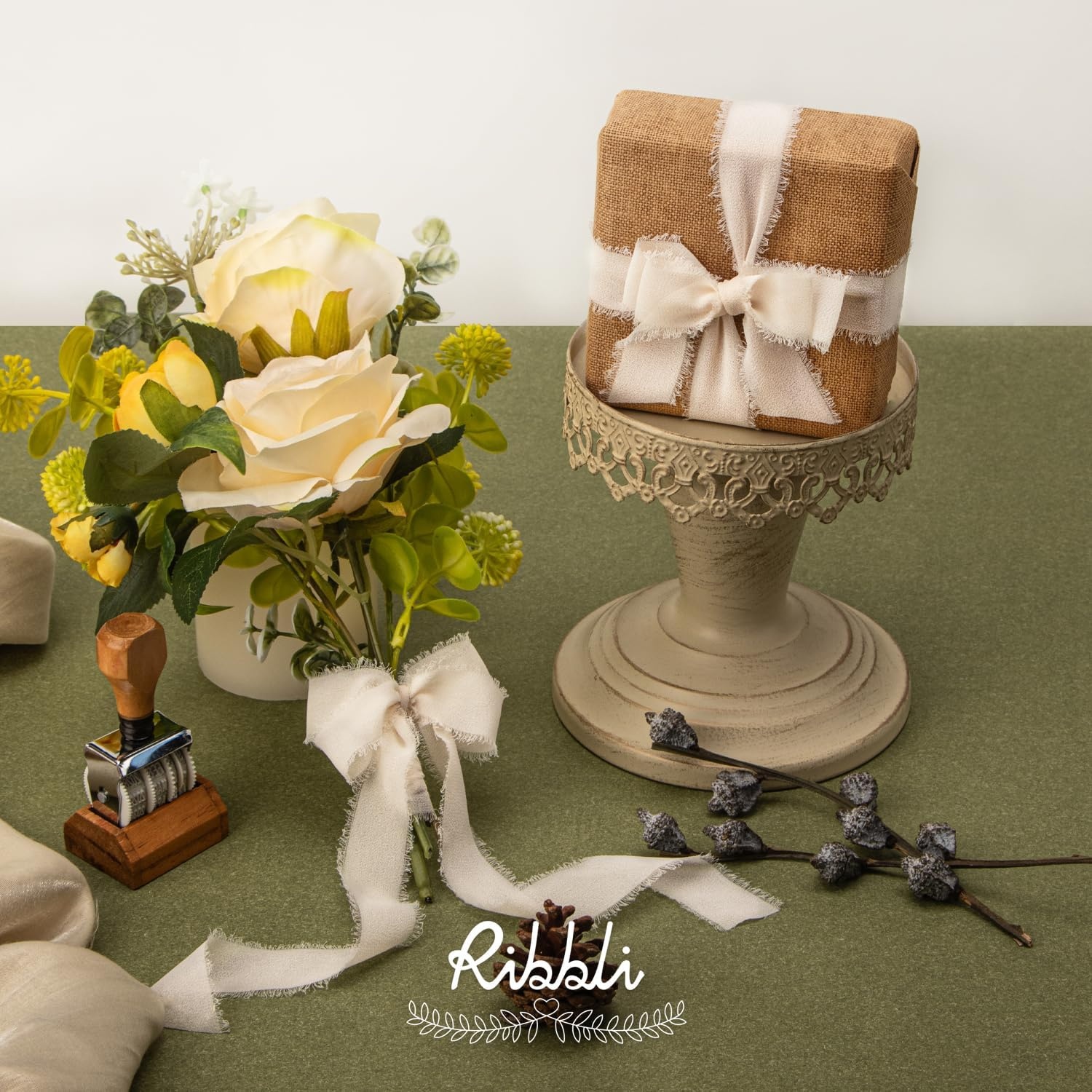 Ribbli Creamy Sage Ribbon 1 Inch x 3 Rolls Total 24 Yards Light Green Handmade Fringe Chiffon Silk Ribbon for Wrapping Wedding Invitations Bridal Bouquets DIY Crafts Home Decor(Cream/Creamy Sage/Sage)