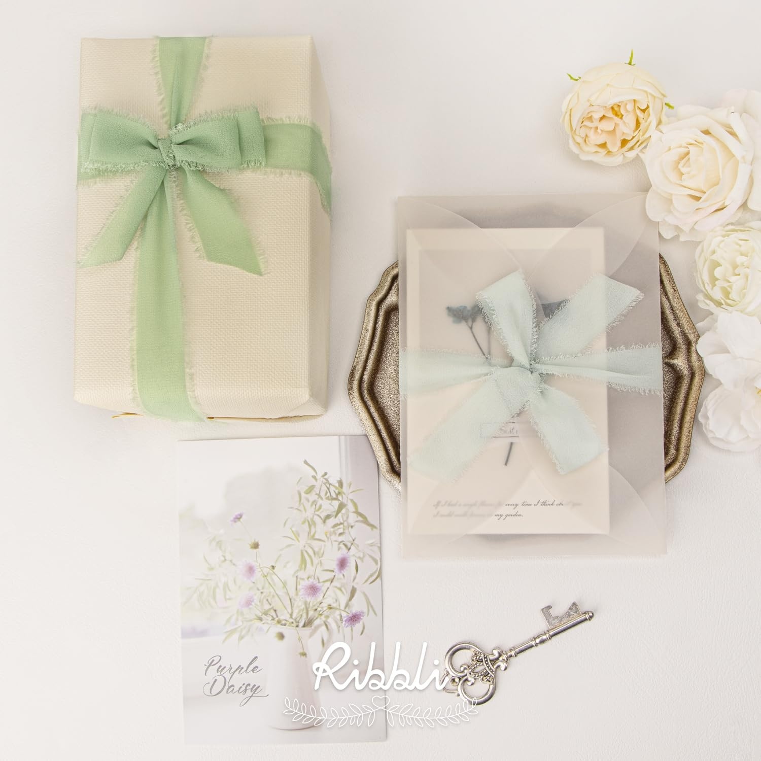 Ribbli Creamy Sage Ribbon 1 Inch x 3 Rolls Total 24 Yards Light Green Handmade Fringe Chiffon Silk Ribbon for Wrapping Wedding Invitations Bridal Bouquets DIY Crafts Home Decor(Cream/Creamy Sage/Sage)