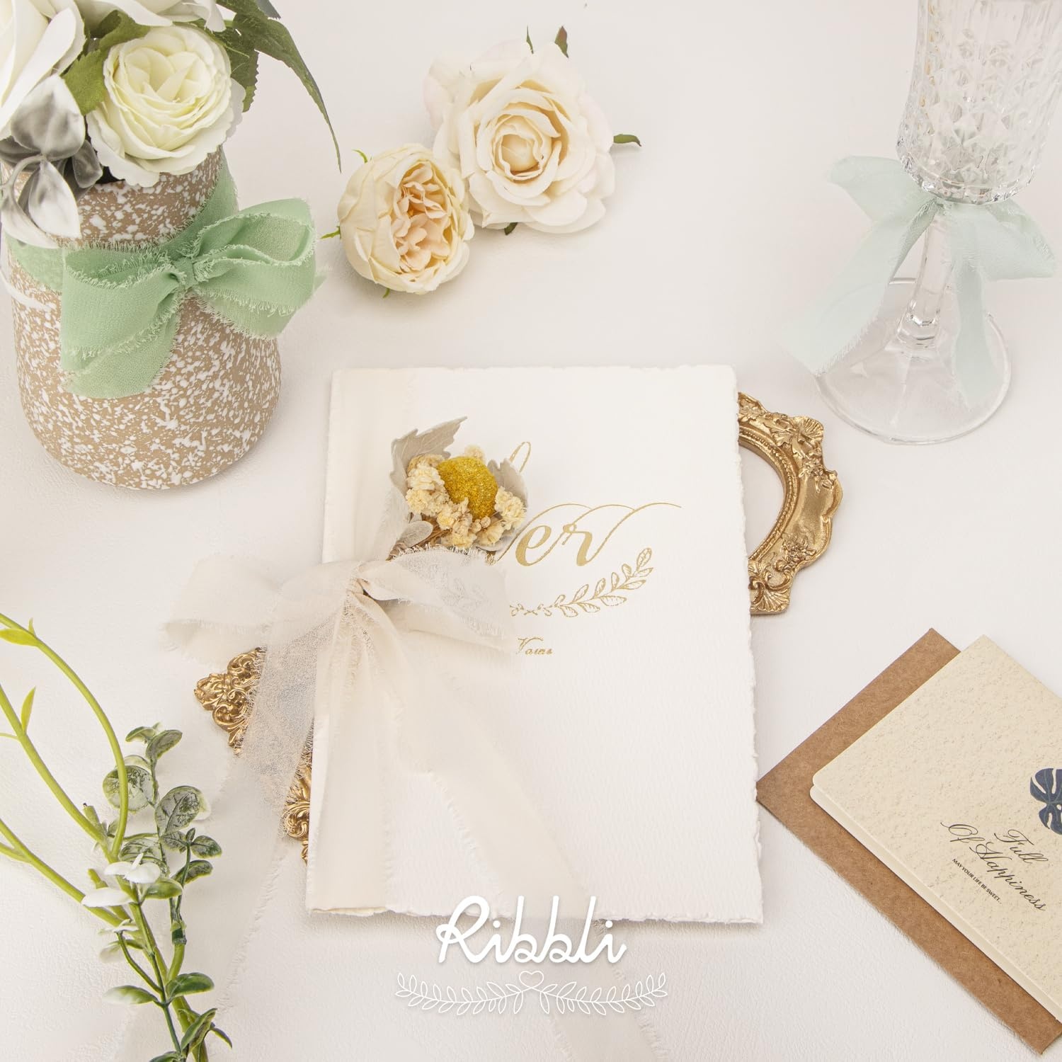 Ribbli Creamy Sage Ribbon 1 Inch x 3 Rolls Total 24 Yards Light Green Handmade Fringe Chiffon Silk Ribbon for Wrapping Wedding Invitations Bridal Bouquets DIY Crafts Home Decor(Cream/Creamy Sage/Sage)
