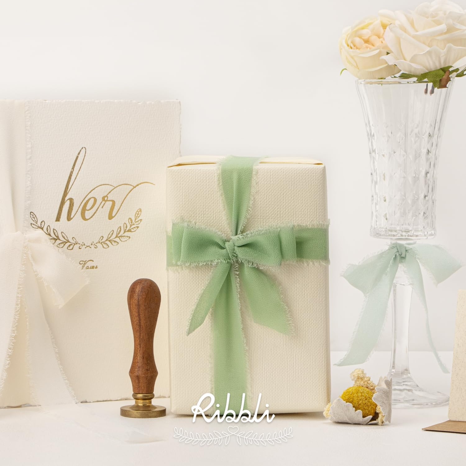 Ribbli Creamy Sage Ribbon 1 Inch x 3 Rolls Total 24 Yards Light Green Handmade Fringe Chiffon Silk Ribbon for Wrapping Wedding Invitations Bridal Bouquets DIY Crafts Home Decor(Cream/Creamy Sage/Sage)