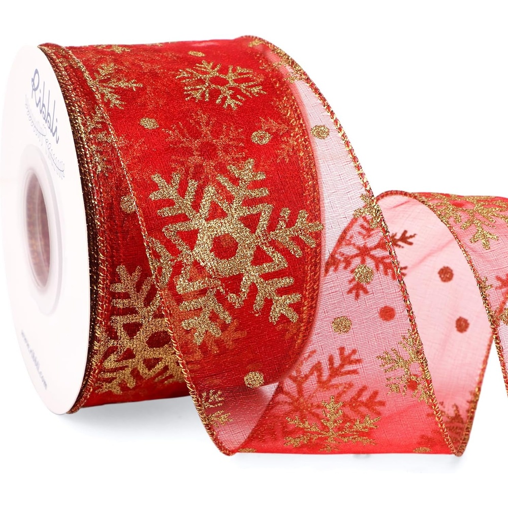 Ribbli Christmas Snowflake Glitter Wired Organza Sheer Ribbon, 2-1/2 Inch x 20 Yards Champagne with Gold Glitter Snowflake Pattern for Tree Decoration(Red/Gold)