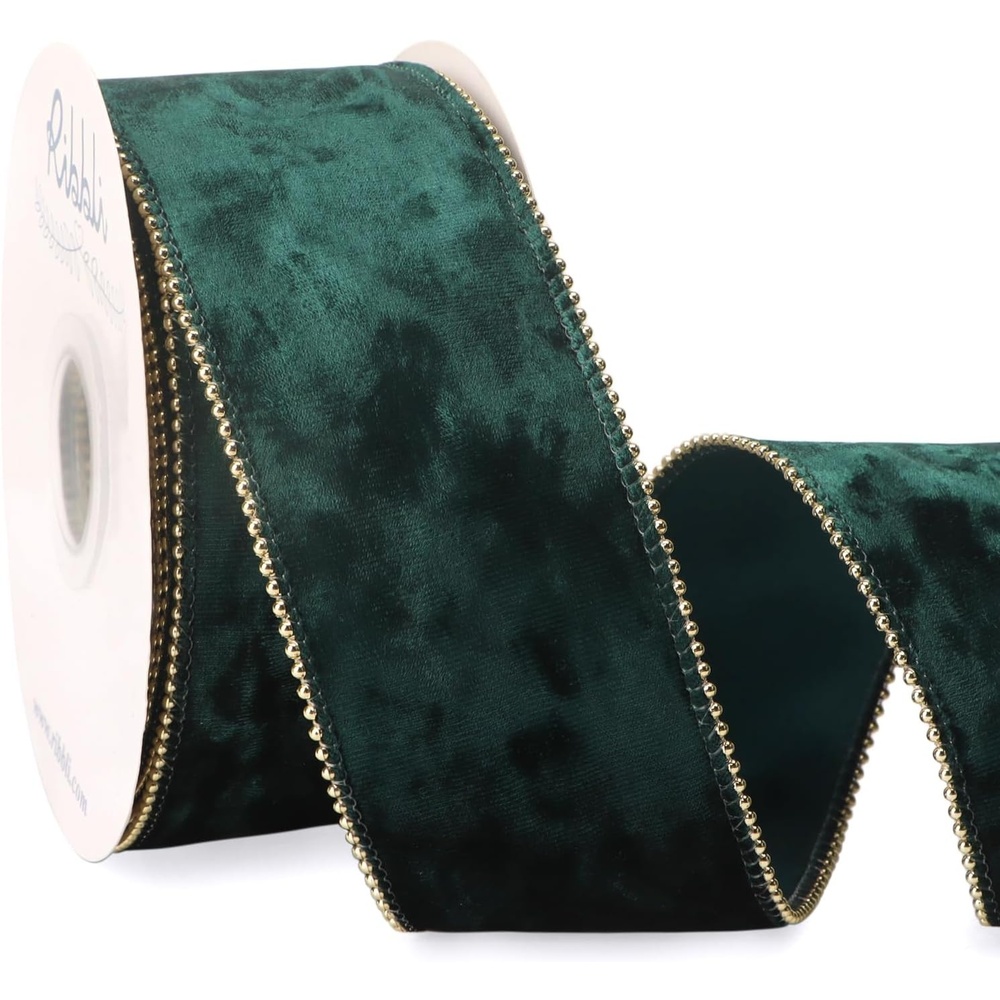 Ribbli Red Crushed Velvet Wired Ribbon with Beaded Pearl Edge, 2-1/2 Inch 10-Yard for Gift Wrapping Christmas Tree Decoration Crafts Wreaths Supplies(Forest Green)