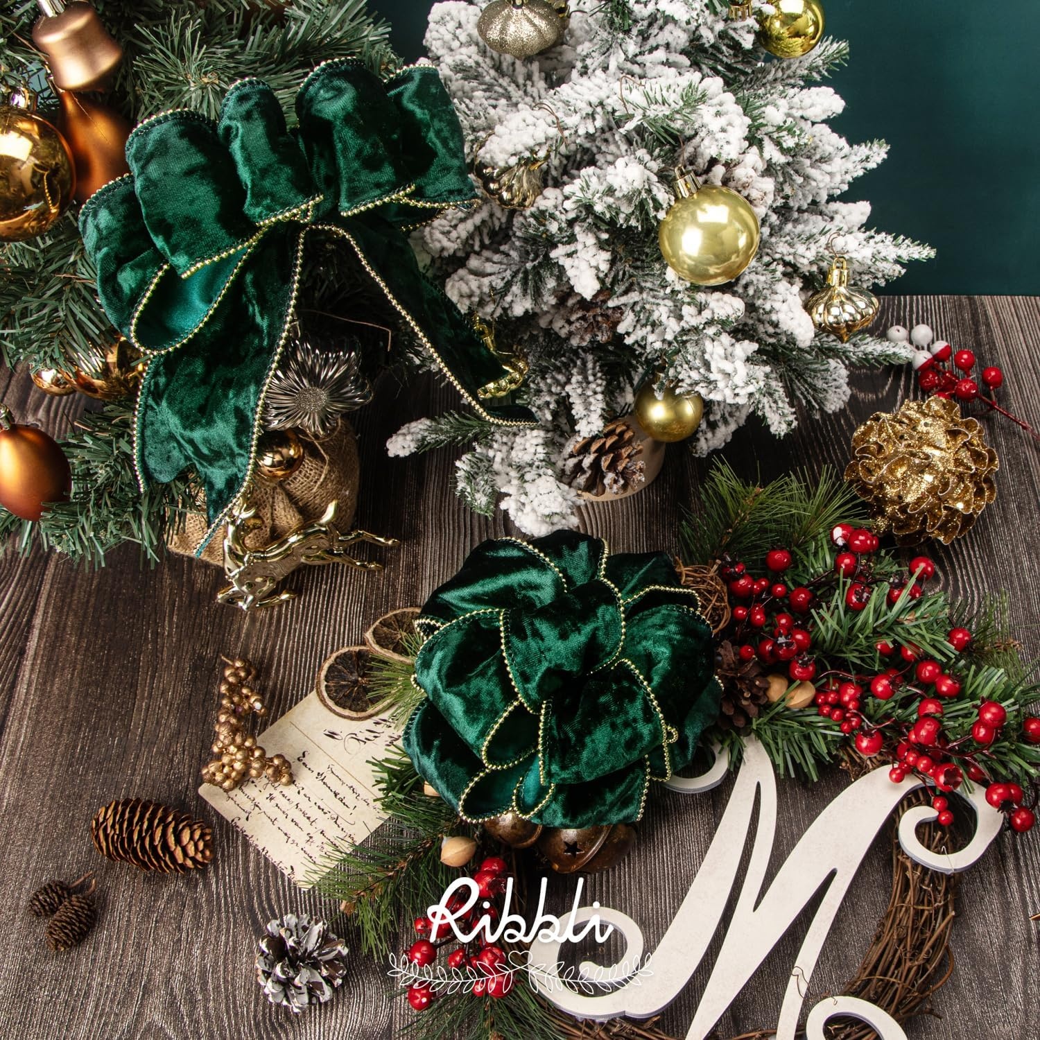 Ribbli Red Crushed Velvet Wired Ribbon with Beaded Pearl Edge, 2-1/2 Inch 10-Yard for Gift Wrapping Christmas Tree Decoration Crafts Wreaths Supplies(Forest Green)