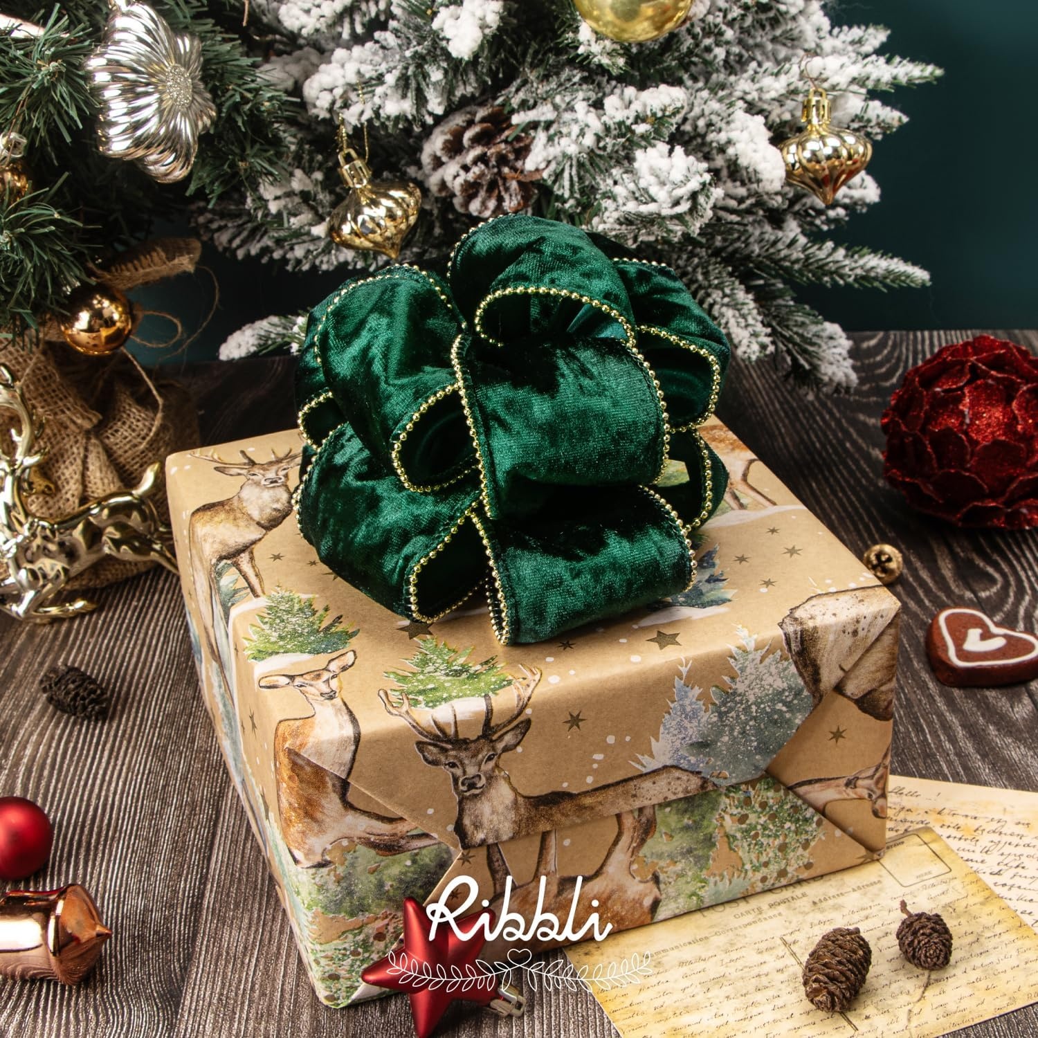 Ribbli Red Crushed Velvet Wired Ribbon with Beaded Pearl Edge, 2-1/2 Inch 10-Yard for Gift Wrapping Christmas Tree Decoration Crafts Wreaths Supplies(Forest Green)